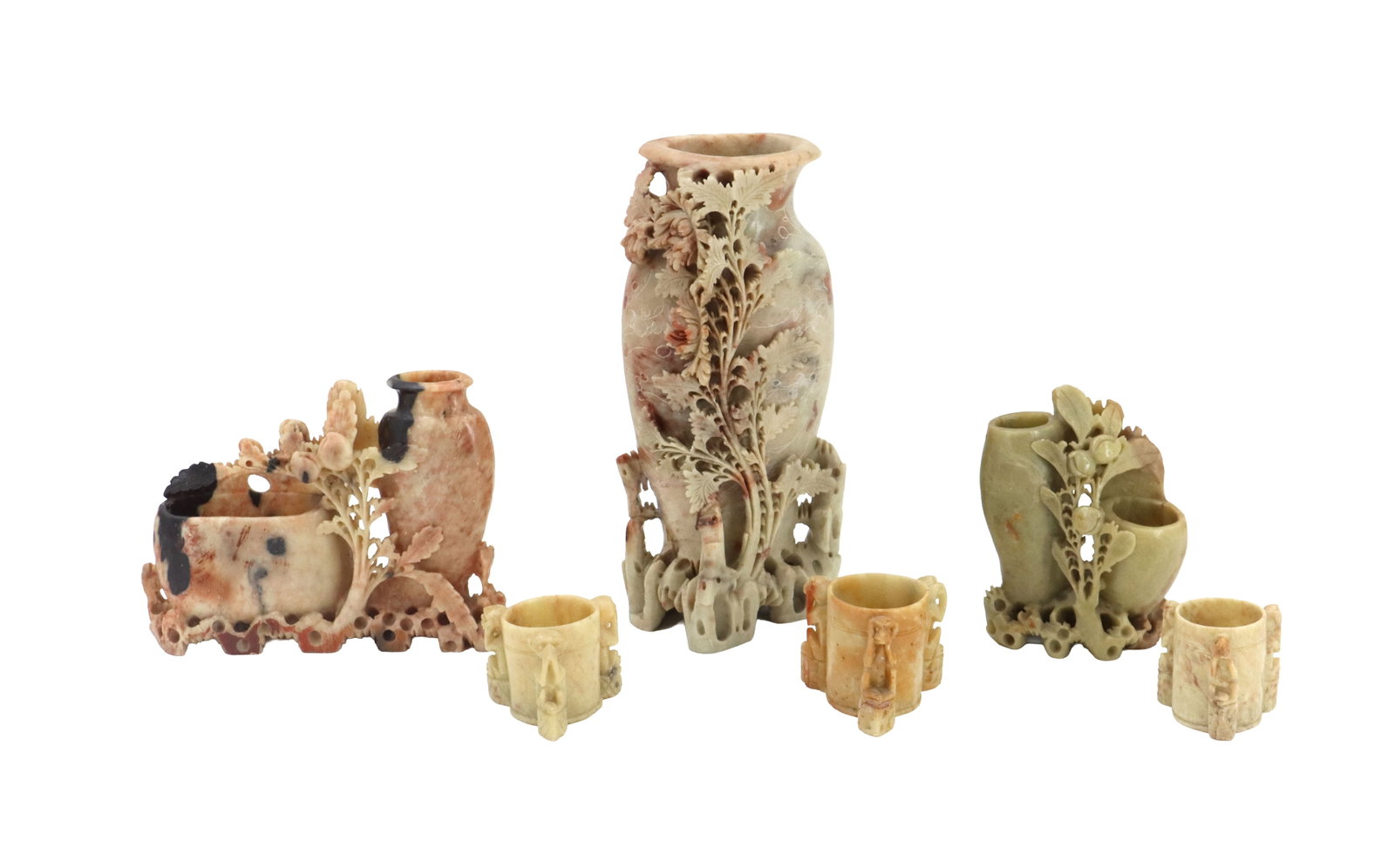 (3) Chinese Carved Soapstone Vases and (3) Chinese Carved Soapstone Toothpick Holders (1 of 20)