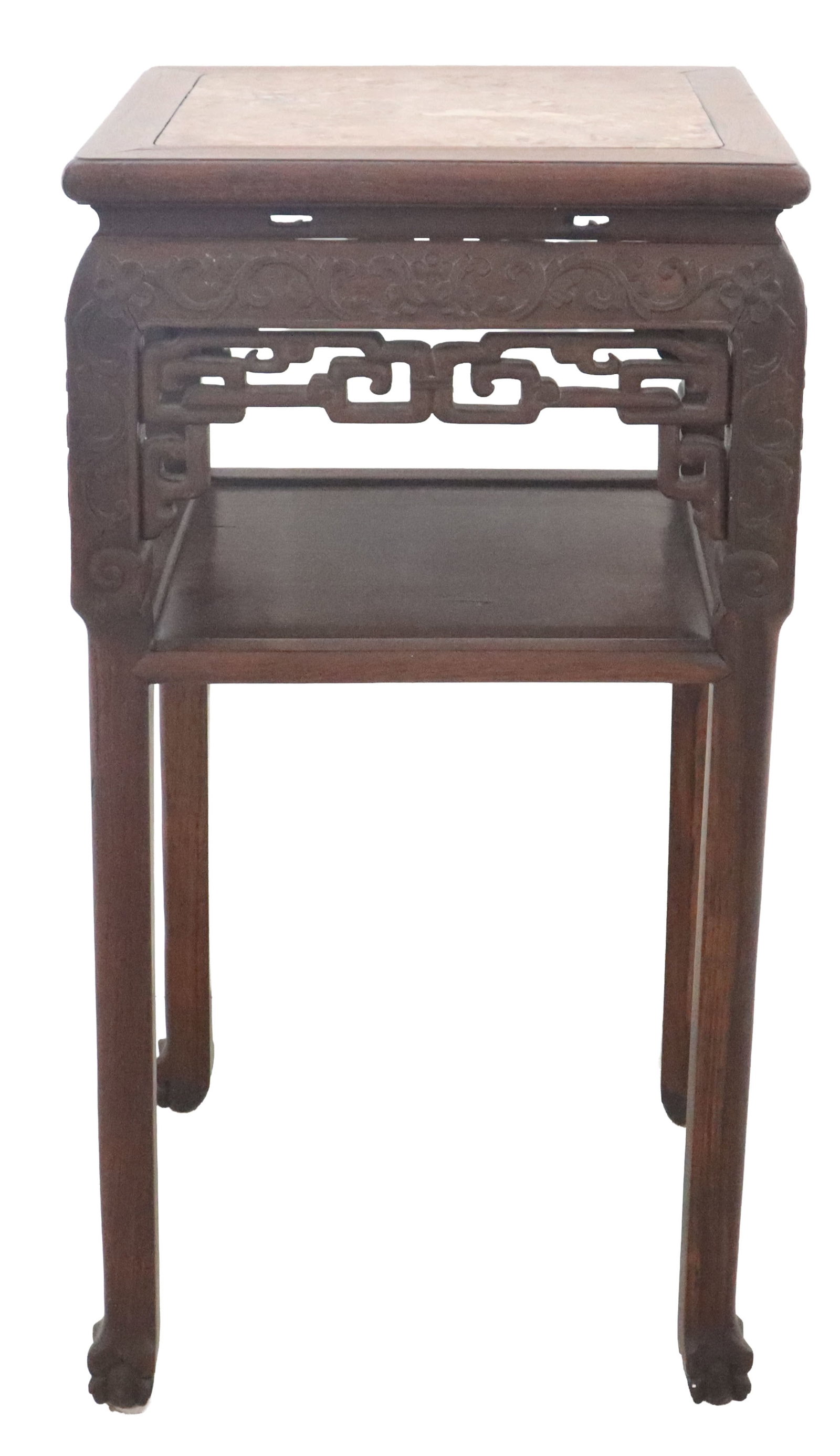 Vintage Chinese Rosewood Display Stand with Stone Insert Top: Vintage Chinese Rosewood Display Stand with Stone Insert Top. The rich red hues in the stone compliment the wood, which is carved both with leaf-and-vine and more traditional Chinese shapes and symbol
