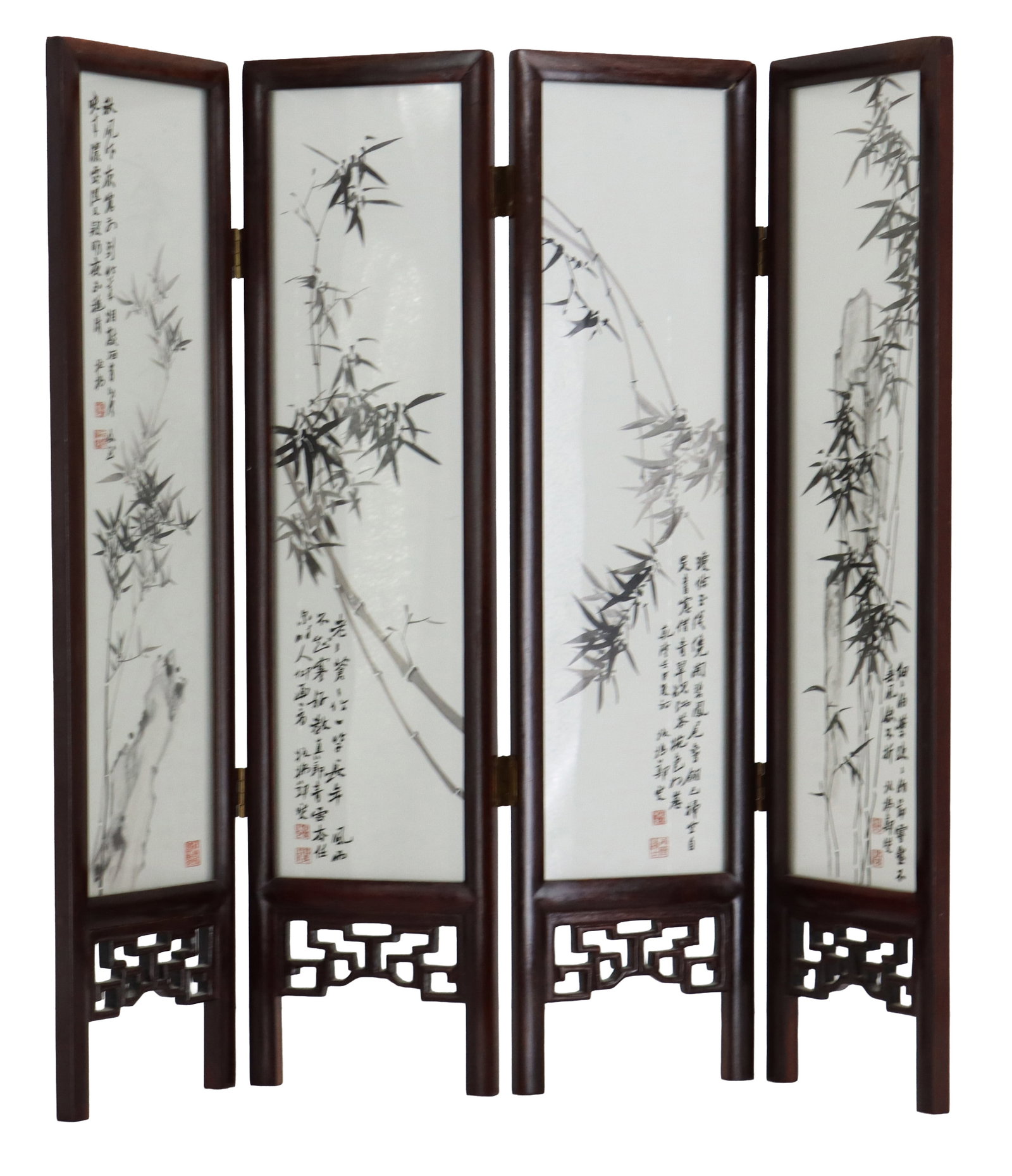 Chinese Ink on Silk Four-Panel Table Screen with Bamboo Paintings (1 of 10)