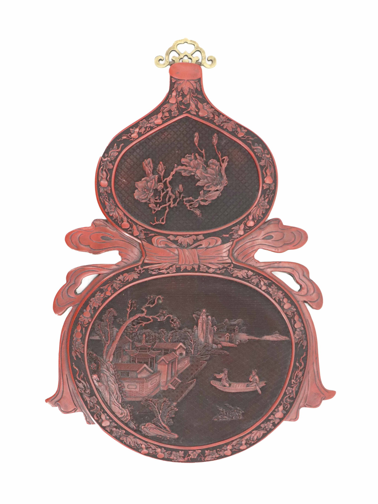 Chinese Double Gourd Cinnabar Lacquer Wall Plaque with Landscapes in Relief (1 of 15)