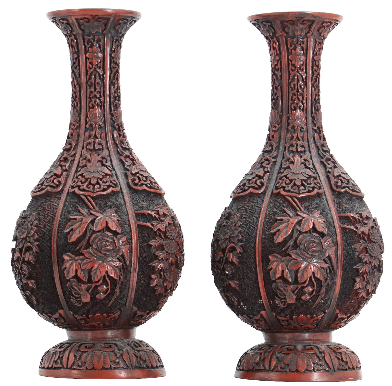(2) Chinese Cinnabar Lacquer Carved Vases (1 of 14)