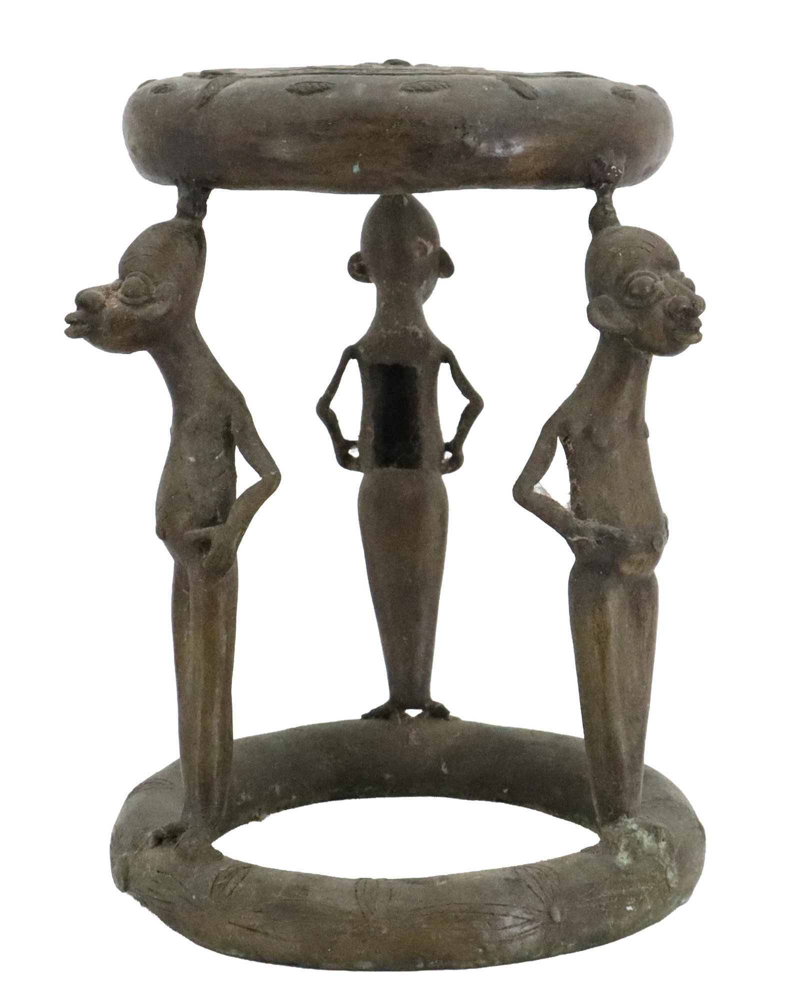 African Benin Style Cast Bronze Stool with Figural Supports (1 of 16)