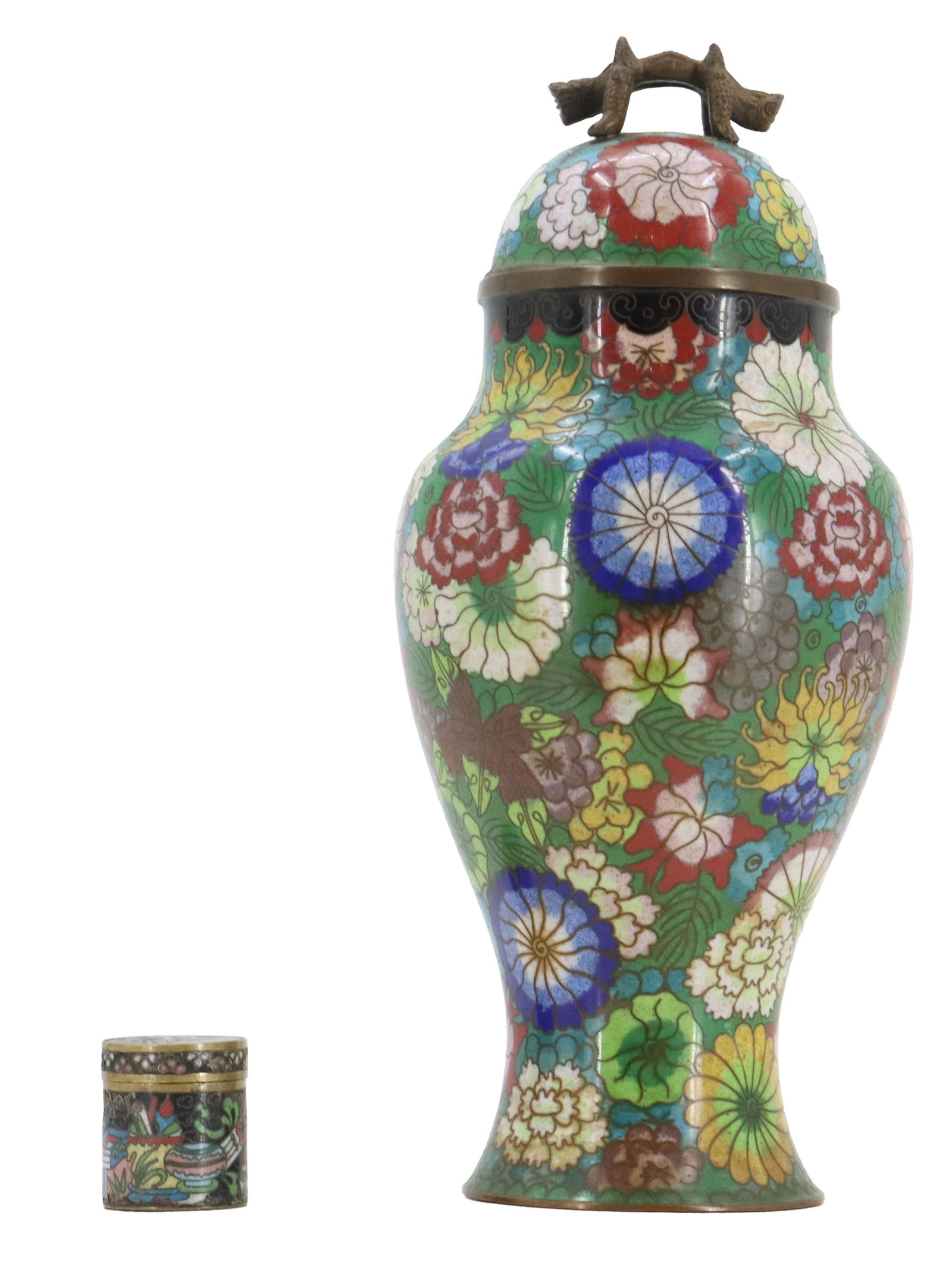 (2) Japanese Cloisonne Vase and Small Cylindrical Container: Pair of finely decorated Japanese cloisonné enamel objects, including a large baluster-shaped vase with a domed lid and floral motifs in vivid polychrome enamel, alongside a small matching cyli