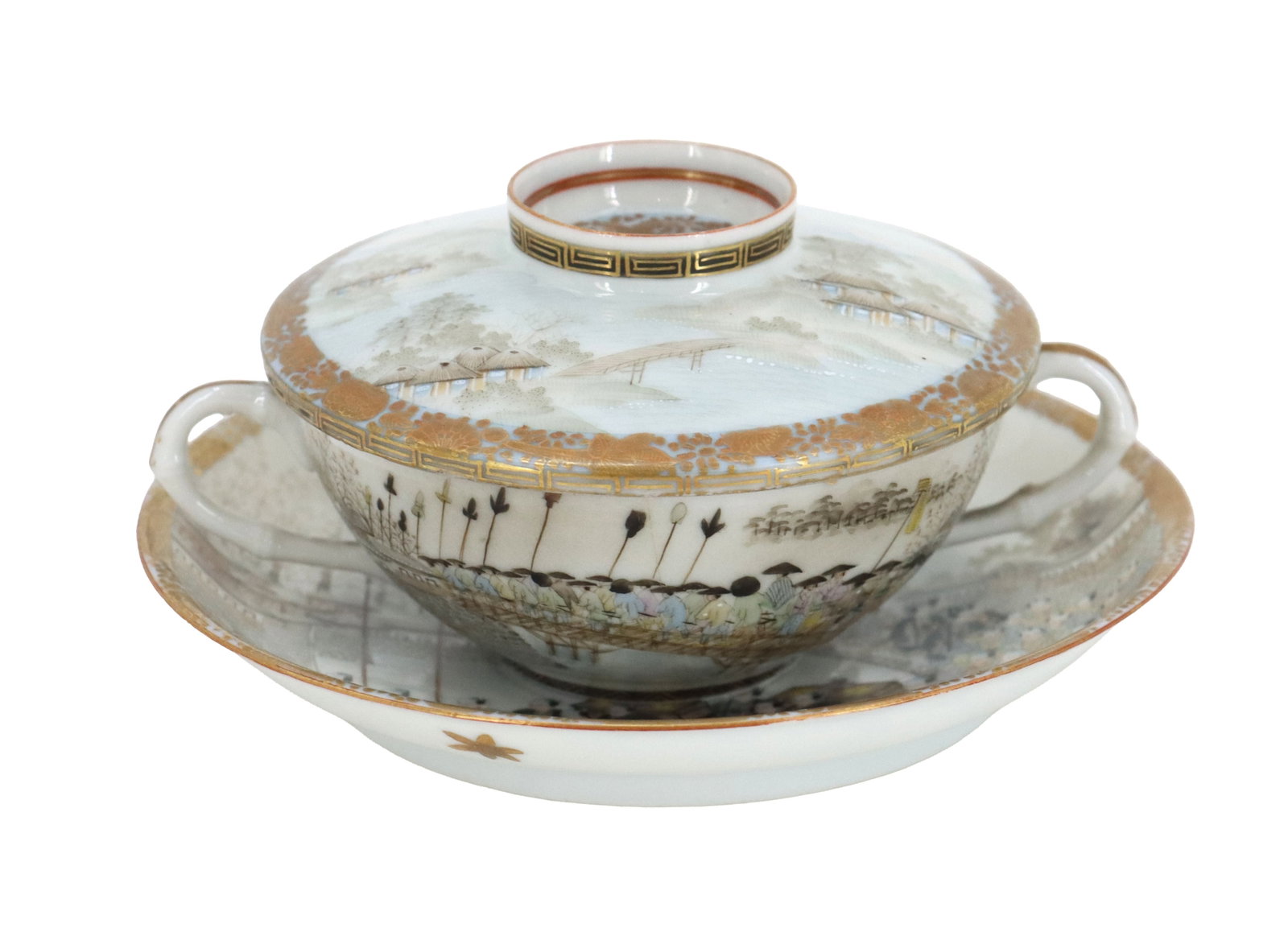 Japanese Meiji Era Satsuma Porcelain Tea Cup and Saucer - AS IS: Japanese Meiji Era Satsuma Porcleain Tea Cup and Saucer - As is. Two-handled porcelain cup with a matching lid and saucer, all of which are decorated with fine hand-painted scenes of figures and lands