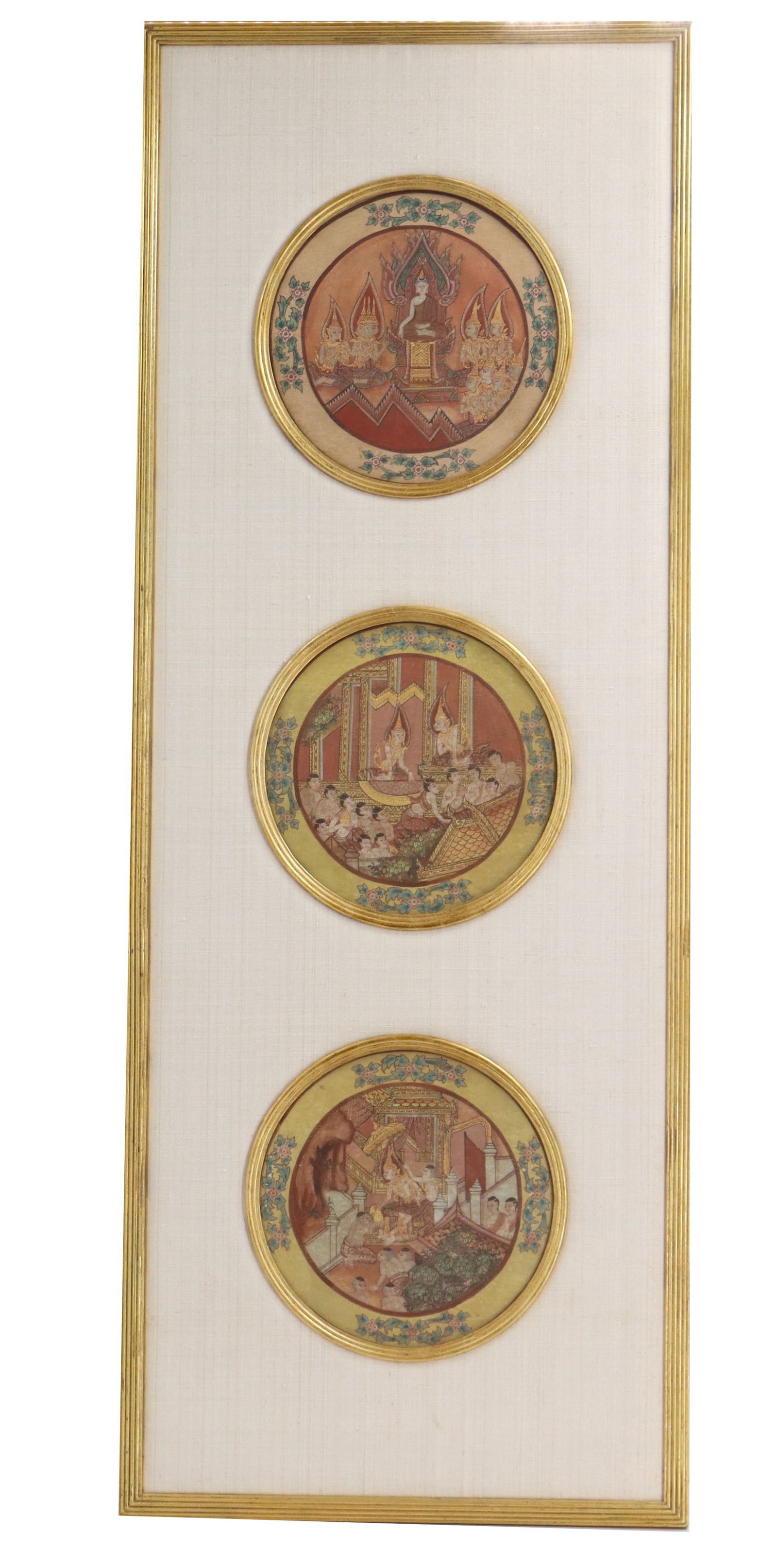 Thai Framed Painted Silk Triptych Depicting Scenes From the Life of the Buddha (1 of 12)