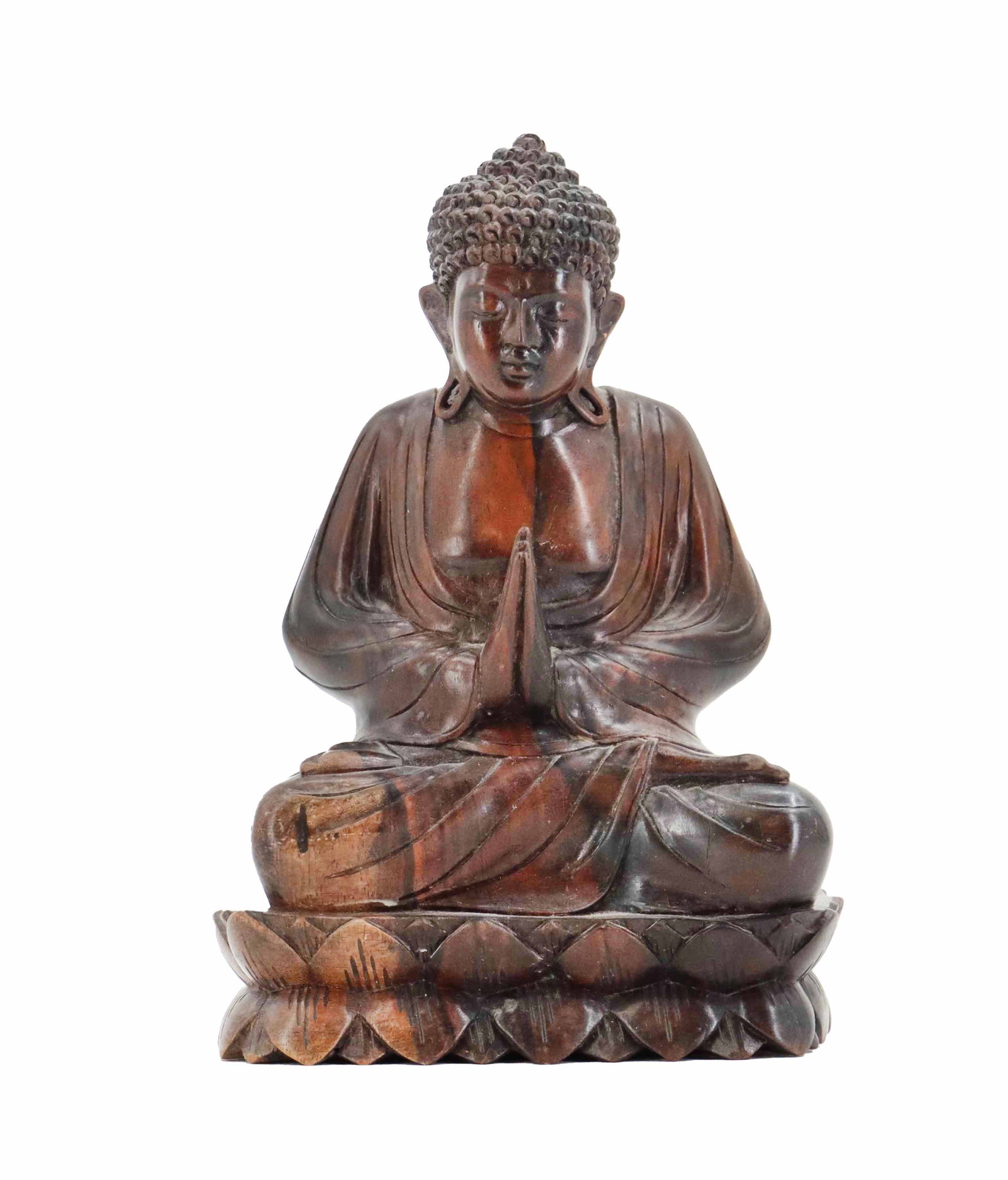 Balinese Carved Wood Meditative Buddha Sculpture: Balinese Carved Wood Meditative Buddha Sculpture. The figure sits, legs crossed, with hands pressed together at the palms, resting upon a large lotus blossom. Signed indistinctly on the underside.&nbs
