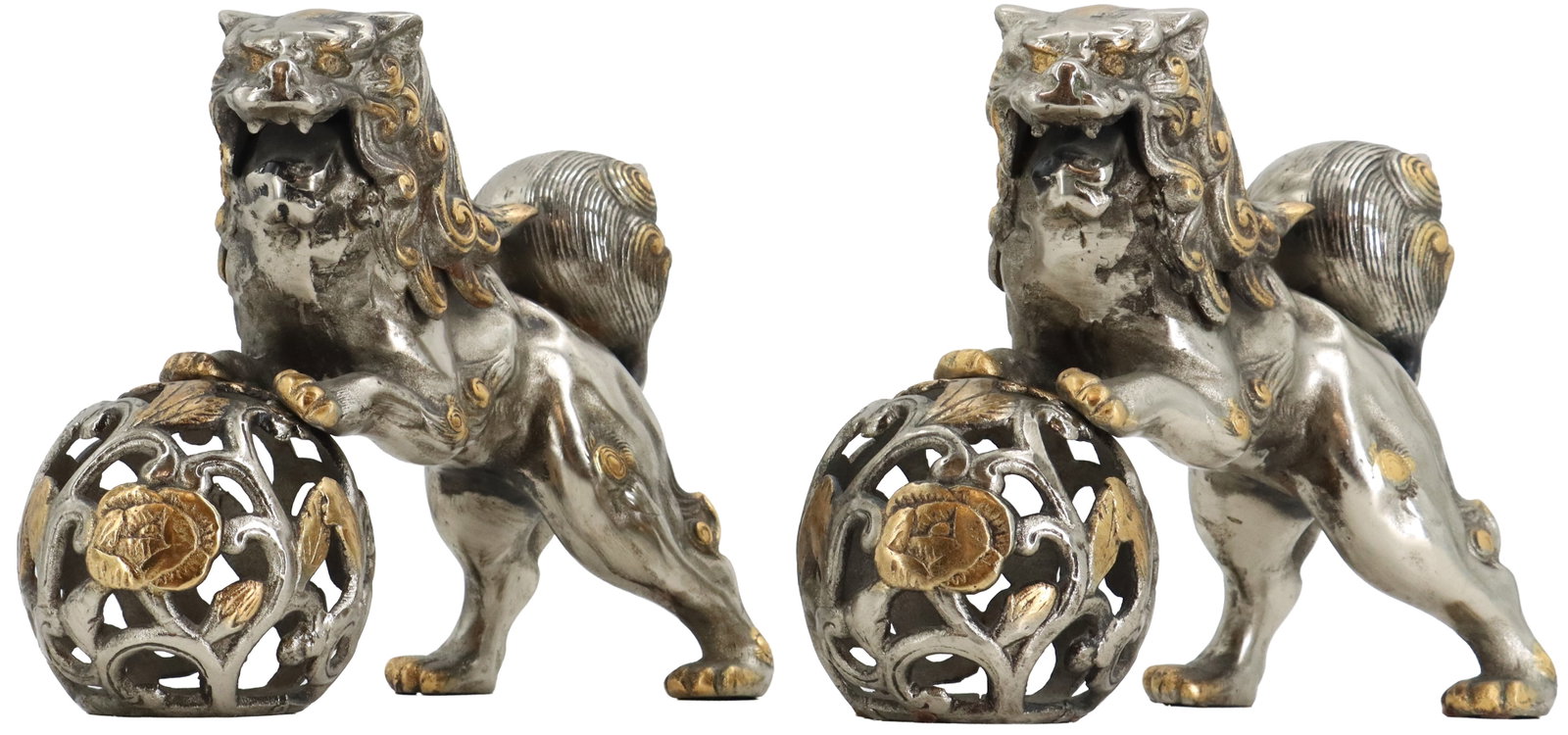 (2) Japanese Silver Toned Komainu Guardian Spirit Statues (1 of 18)