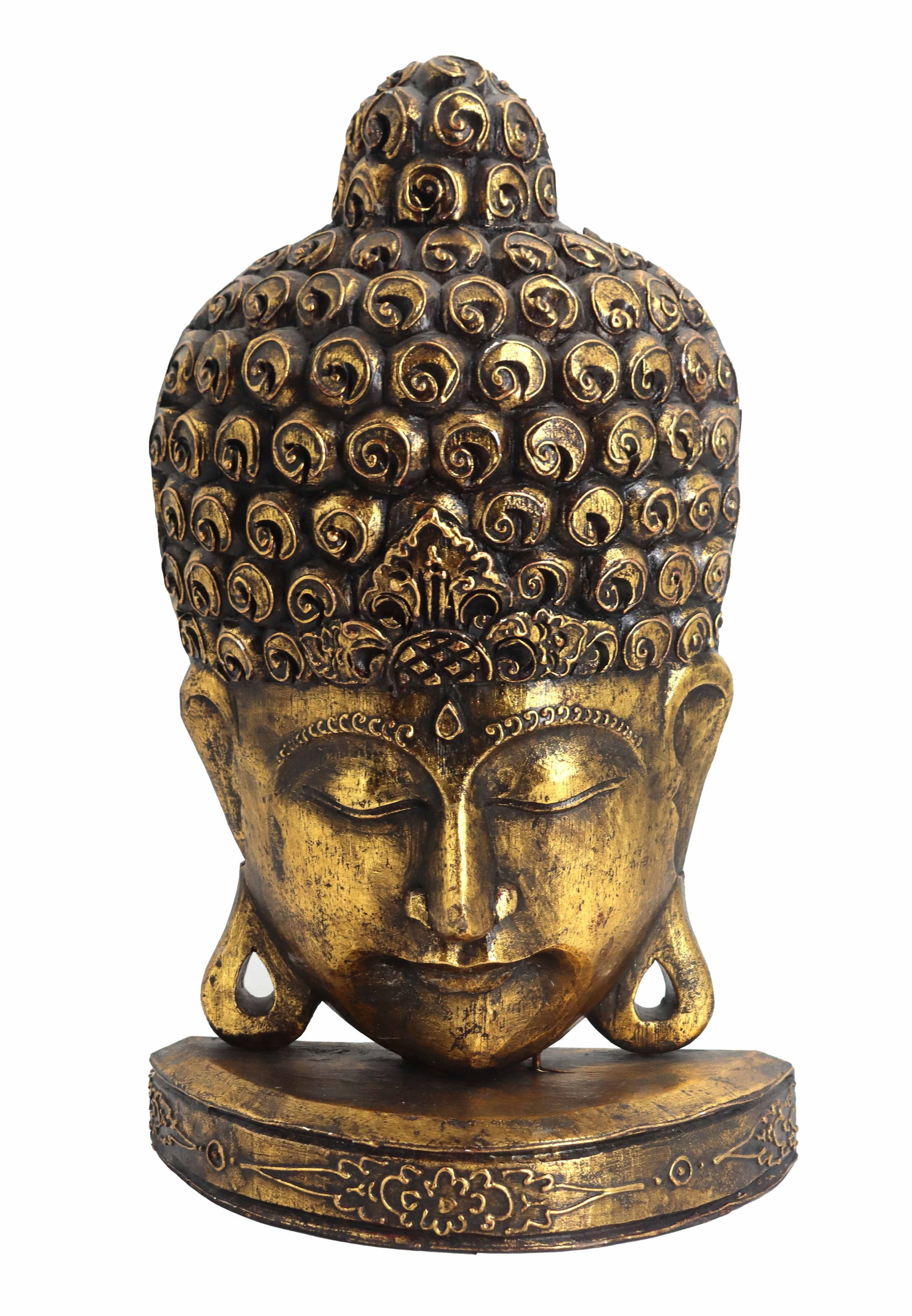 Balinese Carved Gilt Wood Buddha Head Decoration: Balinese Carved Gilt Wood Buddha Head Decoration. The head is the face only, with a hollowed out blank lacquered backside. It is affixed to a half moon wood base with the same gilding. Size: 11 