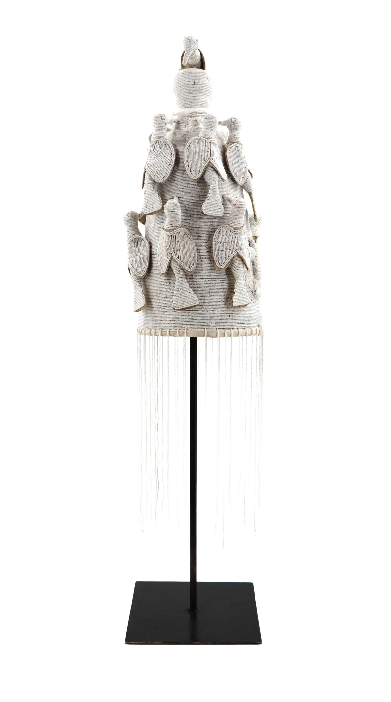 West African Nigerian Yoruba Hand-Crafted White Beaded Bird Crown with Fringe on Stand (1 of 20)