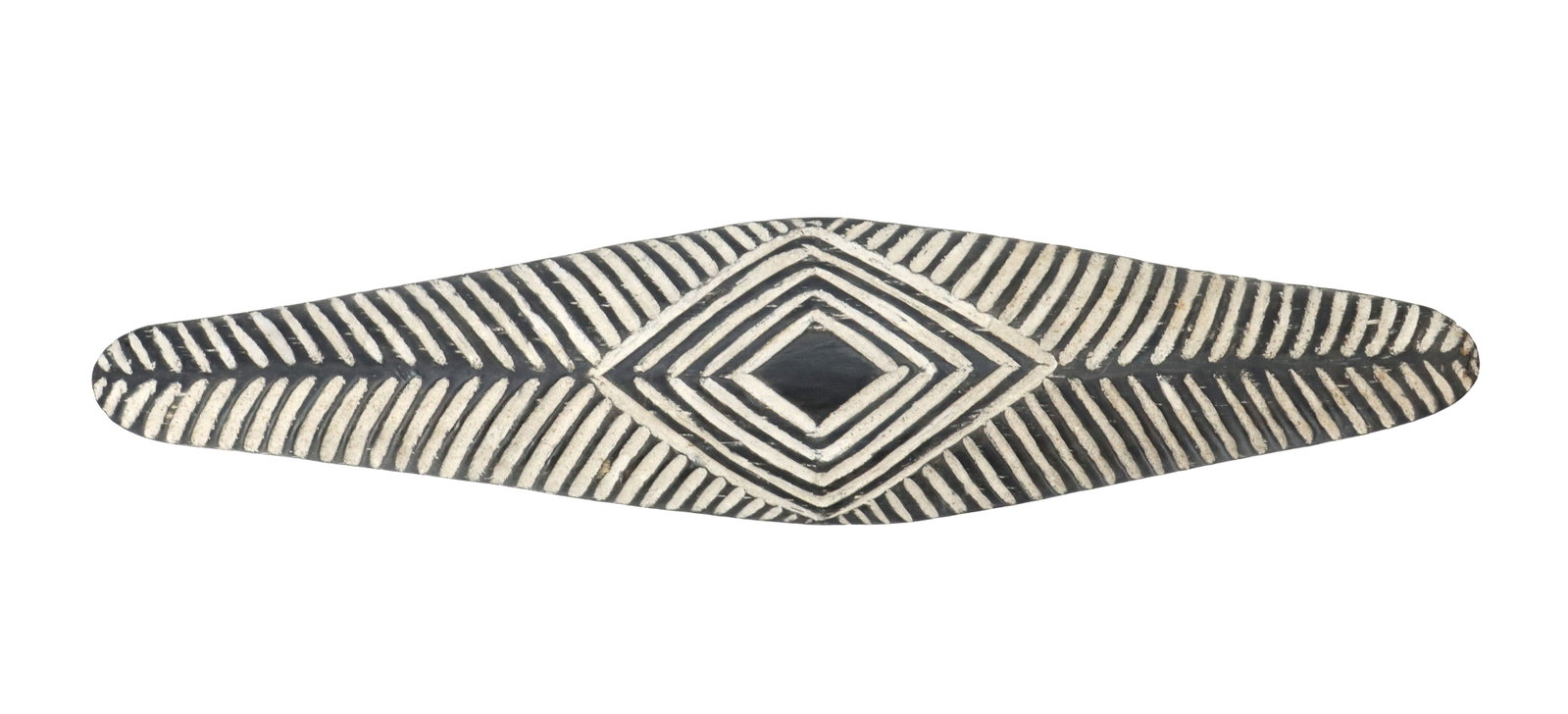 Central African Camerounian Hand-Carved Wooden Diamond Dancing Warrior Shield: Central African Camerounian Hand-Carved Wooden Diamond Dancing Warrior Shield. Featuring contrasting black and white geometric patterns, highlighted with pigment and carved textures. La