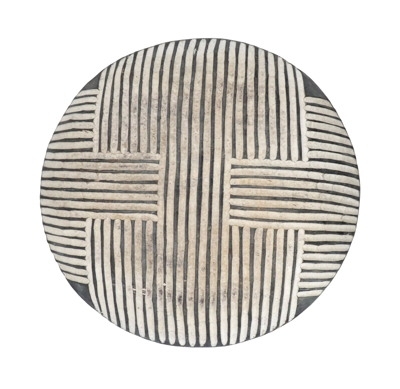 Central African Camerounian Hand-Carved Wooden Round Dancing Warrior Shield: Central African Camerounian Hand-Carved Wooden Round Dancing Warrior Shield. Featuring contrasting black and white geometric patterns, highlighted with pigment and carved textures. Labe