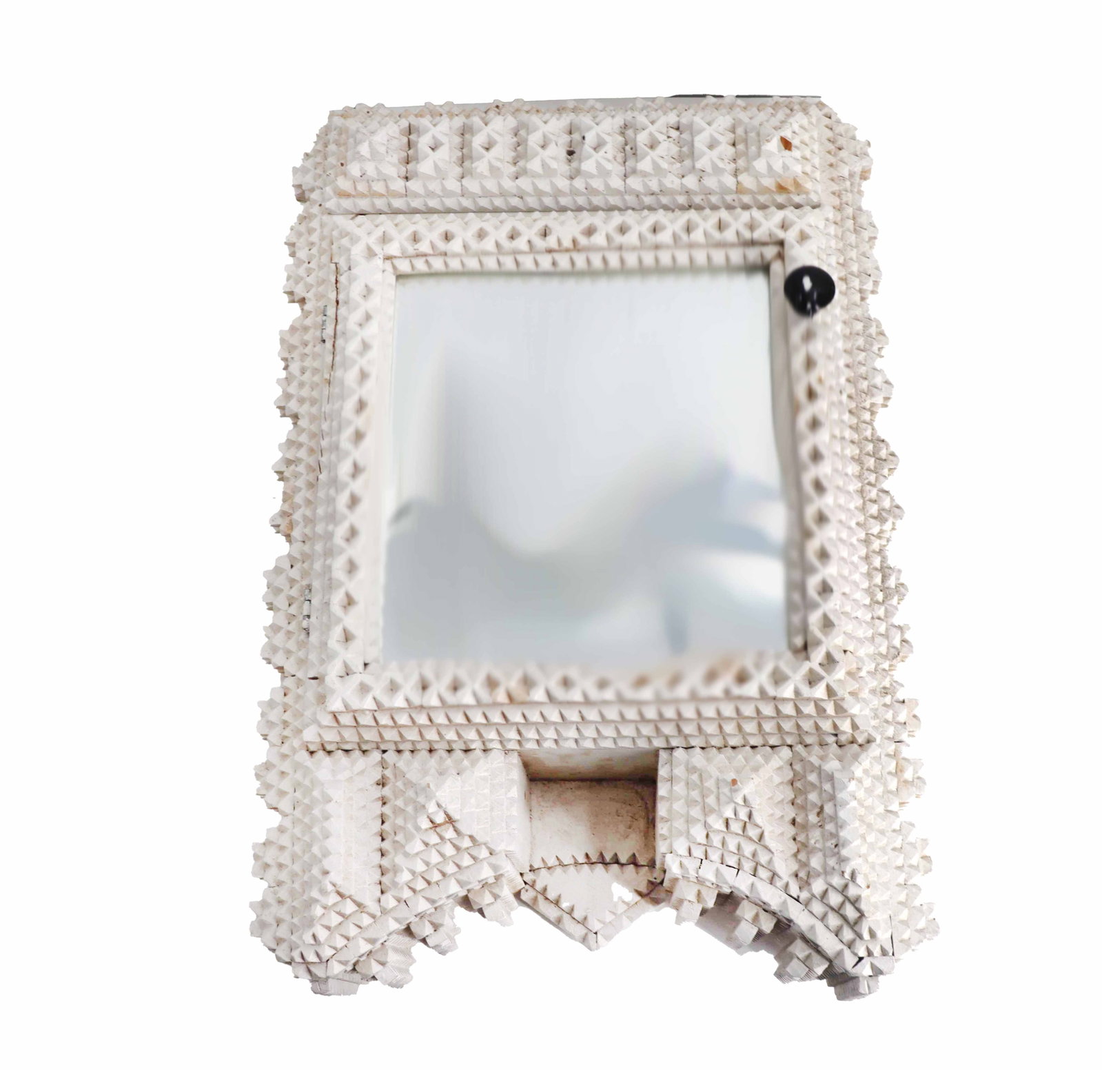 Vintage Tramp Art Wood Wall Cabinet Display Case with Mirror Front: Vintage Tramp Art Wood Wall Cabinet Display Case with Mirror Front. Classic form with the pointed pyramid shapes throughout, a drawer at top, and three different storage spots behind the hinged mirror