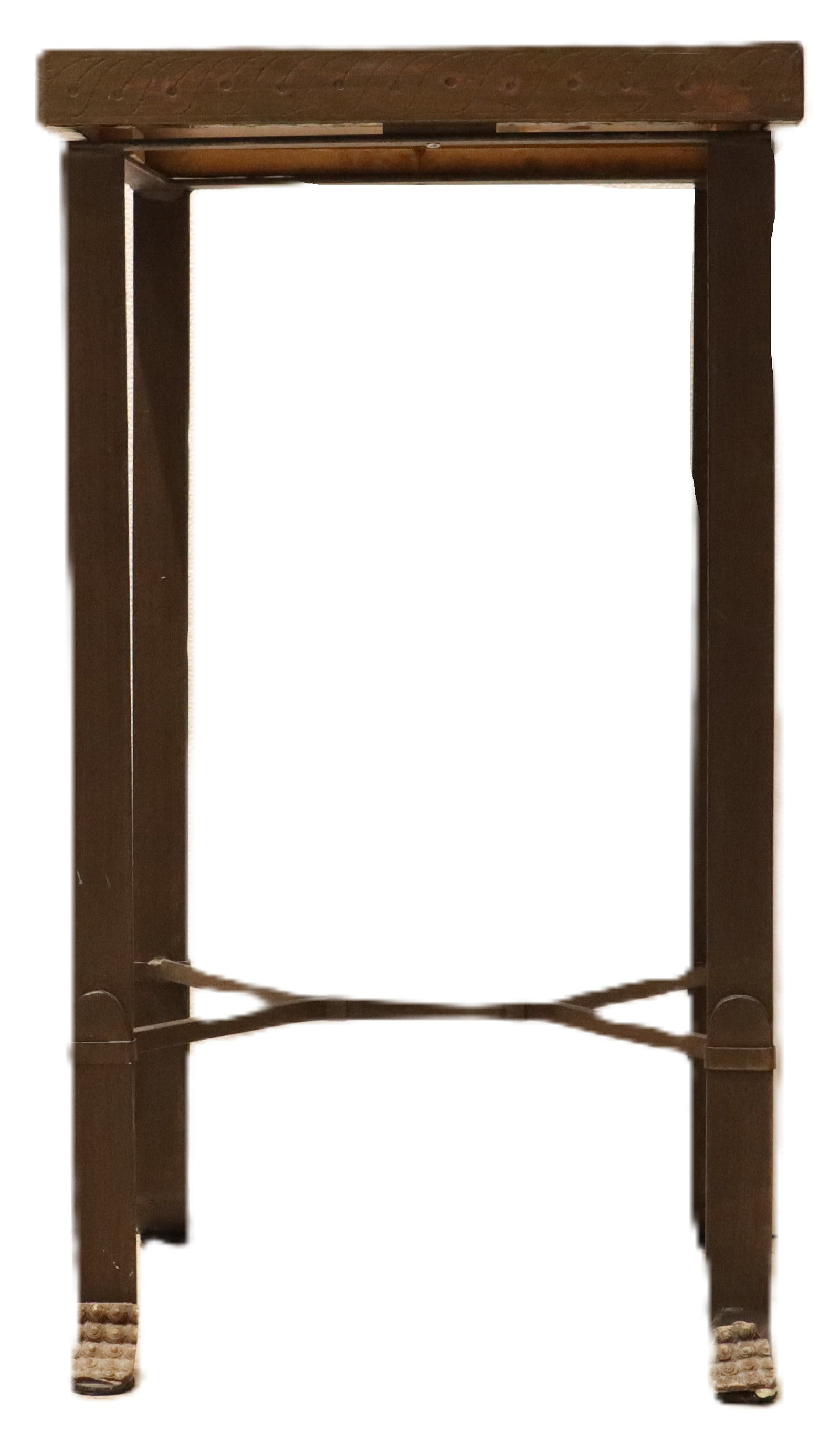 Metal Side Table with Wood and Embossed Hammered Brass Top: Metal Side Table with Wood and Embossed Hammered Brass Top. Floral design with two sets of rectangular raised dots covers the top. Four curved feet on long cast iron legs. Size: 17 x 1