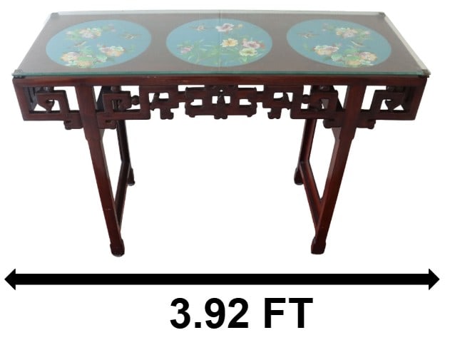 Chinese Carved Wood Console Table with 3 Cloisonne Inserts and Glass Top: Chinese Carved Wood Console Table with 3 Cloisonne Inserts and Glass Top. Each round cloisonne piece has a slightly different flower-and-bird design in the same color palette. Label on under