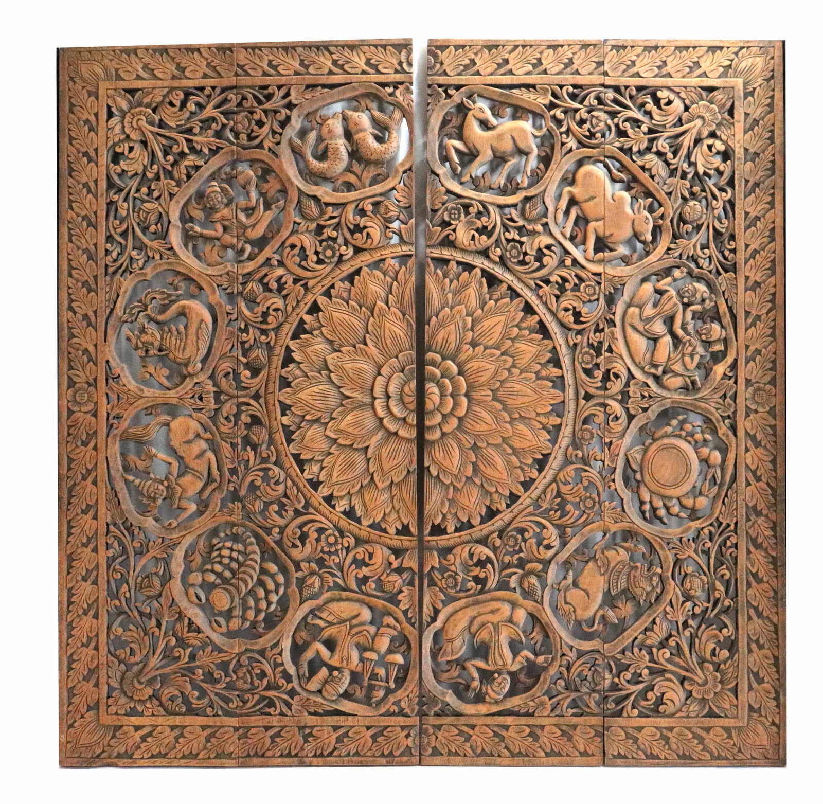 Unique Large Thai Four Panel Carved Wooden Screen with Zodiac Symbols (1 of 18)