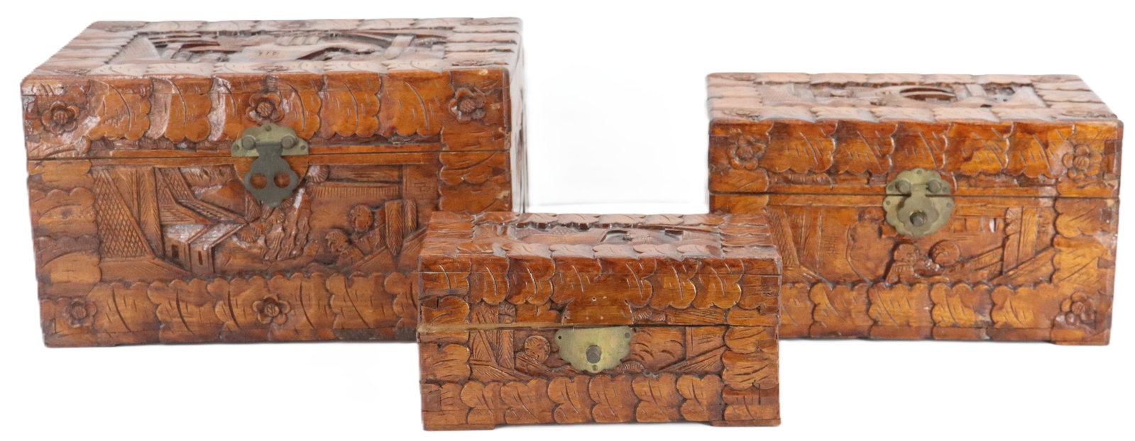 Set of (3) Chinese Camphor Wood Carved Boxes with Brass Locks and Keys - AS IS (1 of 20)