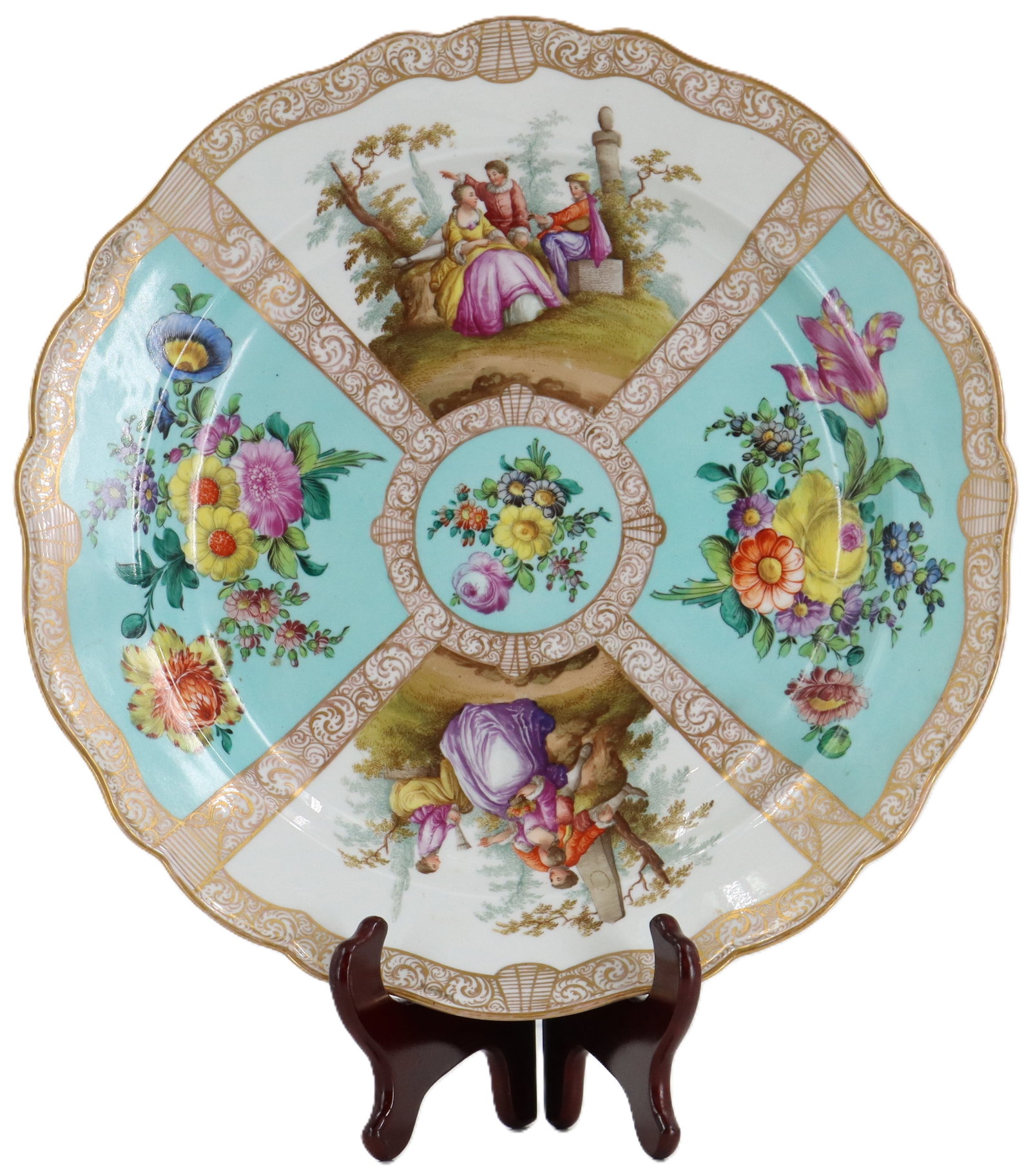 18th Century Meissen Hand-Painted Figural Porcelain Charger: 18th Century Meissen Hand-Painted Figural Porcelain Charger. On two opposite sides are images of hand-painted flowers and leaves with a blue background, and the other two opposing sides show figural p