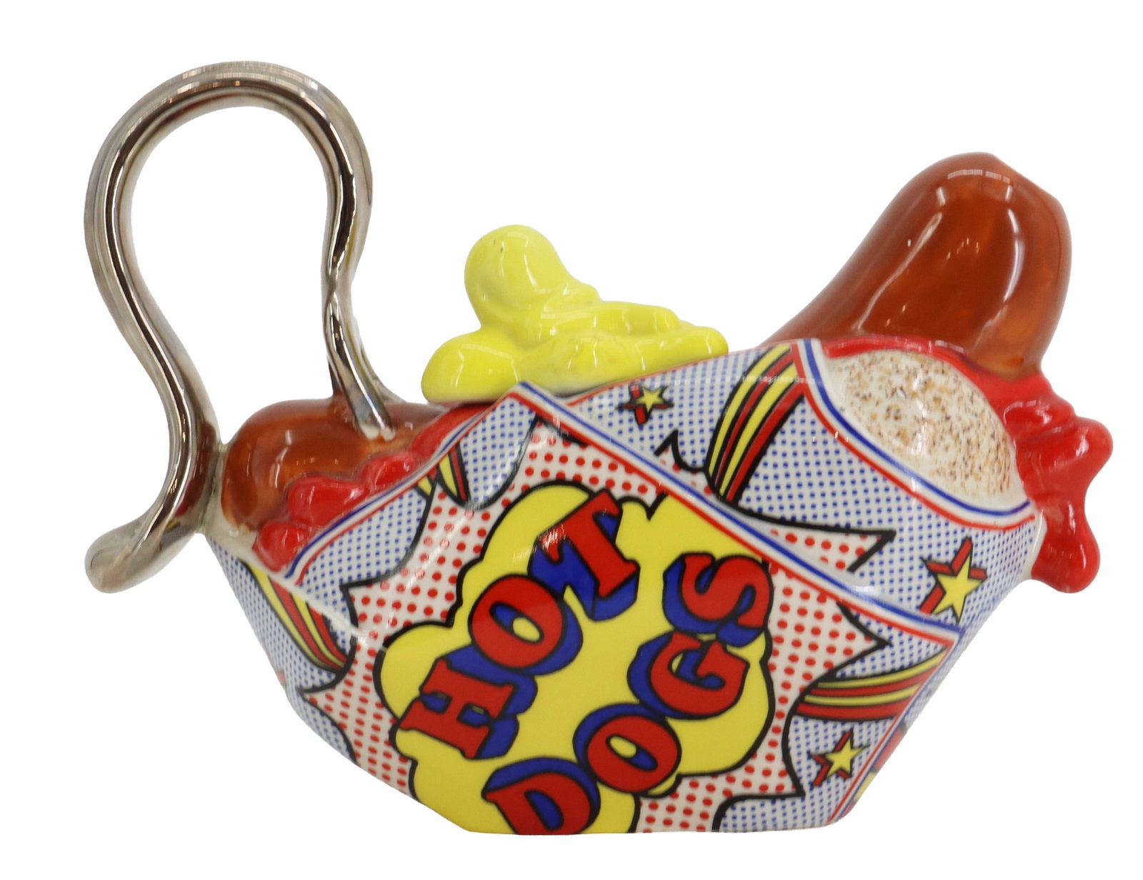 Cardew Design "Wiener Dog" Hot Dog Teapot: Cardew Design "Wiener Dog" Hot Dog Teapot. This whimsical teapot is a classic example of the narrative ceramic style popularized by Cardew Design in England. Combining pop-art aesthetic