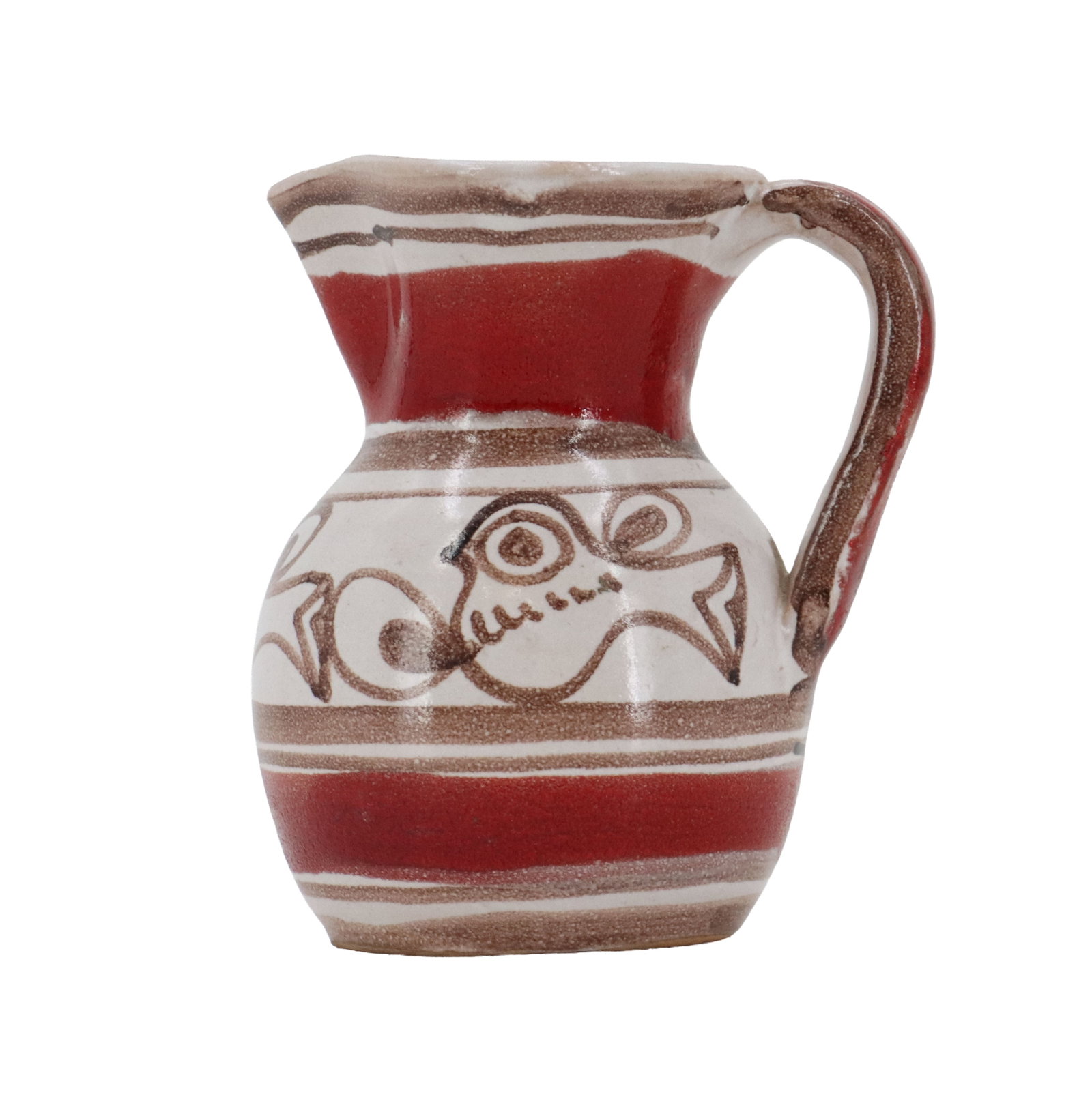 Vintage Italian Ceramiche De Simone Hand-Made Ceramic Pitcher: Vintage Italian Ceramiche De Simone Hand-Made Ceramic Pitcher. The exterior has whimsical Cubist designs on it with red, white, and black tones, signed and dated 1965 on the underside, making this a