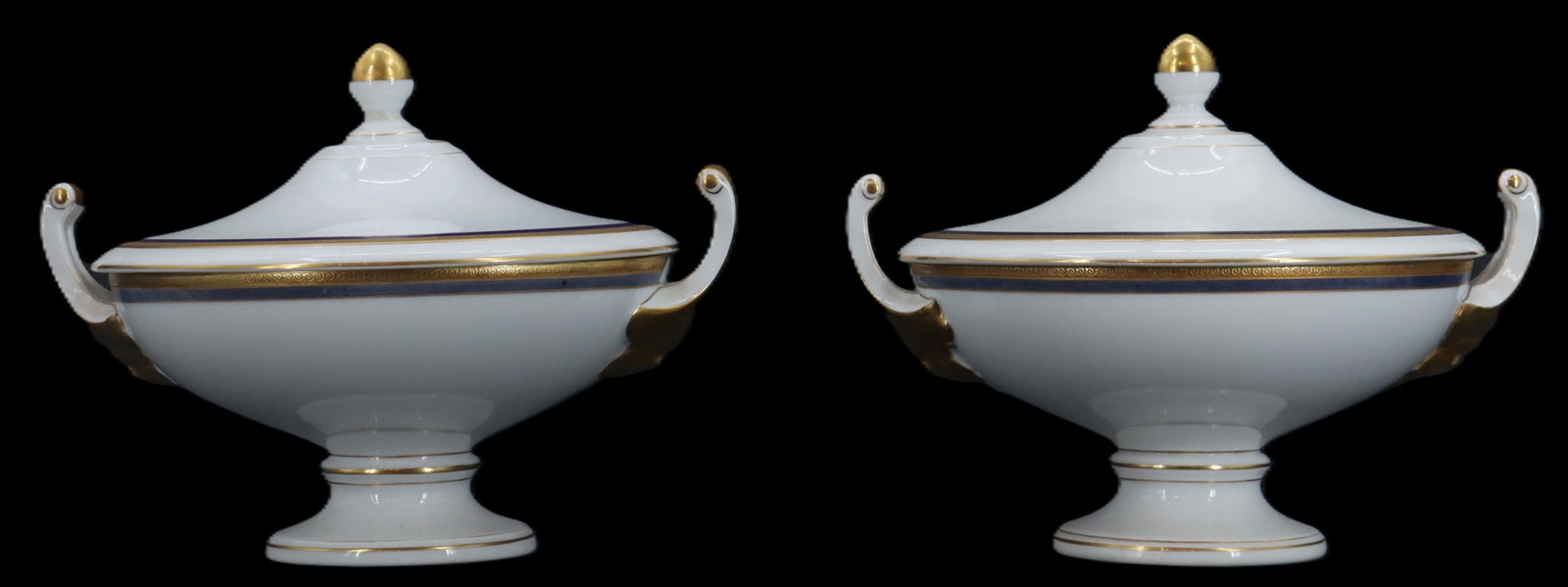 Pair of Czechoslovakian Pirkenhammer Porcelain Covered Casserole and Soup Tureens: Pair of Czechoslovakian Pirkenhammer Porcelain Covered Casserole or Soup Tureens. Neoclassical Empire shape with sweeping, elegant upturned handles and a pointed gold-gilt finial