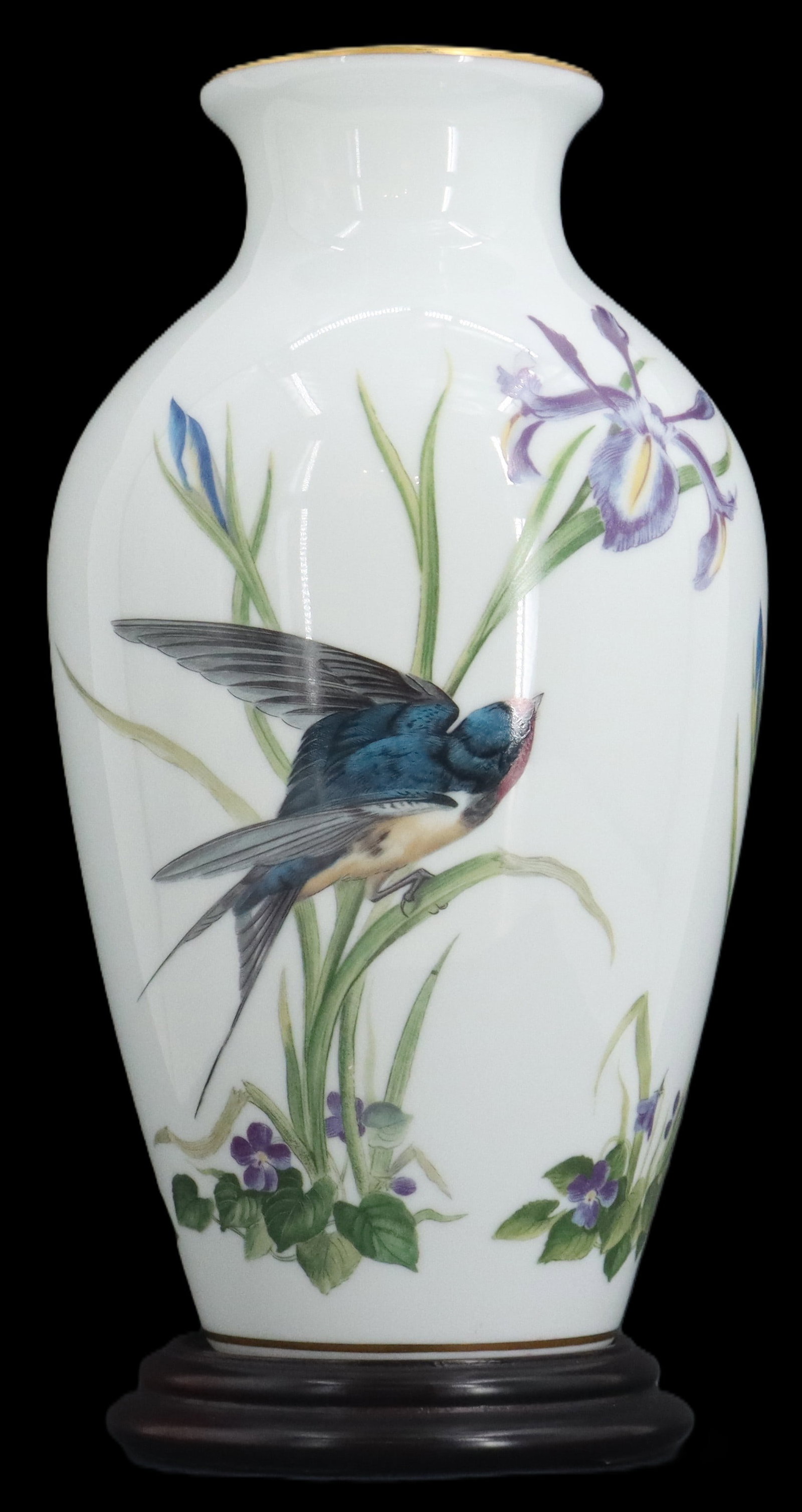 Basil Ede (1931-2016) English, Hand Painted Franklin Porcelain Base "Meadowland Bird": Basil Ede (1931=2016) English, Hand Painted Franklin Porcelain Base "Meadowland Bird". Elegant white porcelain vase decorated with a hand-painted scene of a barn swallow perched amidst