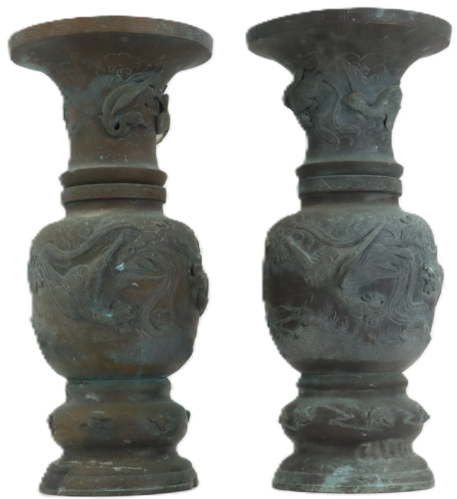 (2) Japanese Meiji Period Bronze Open Bottom Vases: (2) Japanese Meiji Period Bronze Open Bottom Vases. Pair of antique Japanese Meiji period bronze vases featuring a dark, weathered patina and intricate high-relief castings of birds and clouds