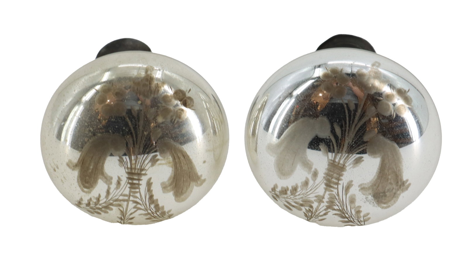 (2) Vintage Mercury Glass Curtain Rod Knobs: (2) Vintage Mercury Glass Curtain Rod Knobs. Pair of antique-style mercury glass curtain rod knobs features a reflective silvered finish adorned with an etched floral bouquet motif and mounted