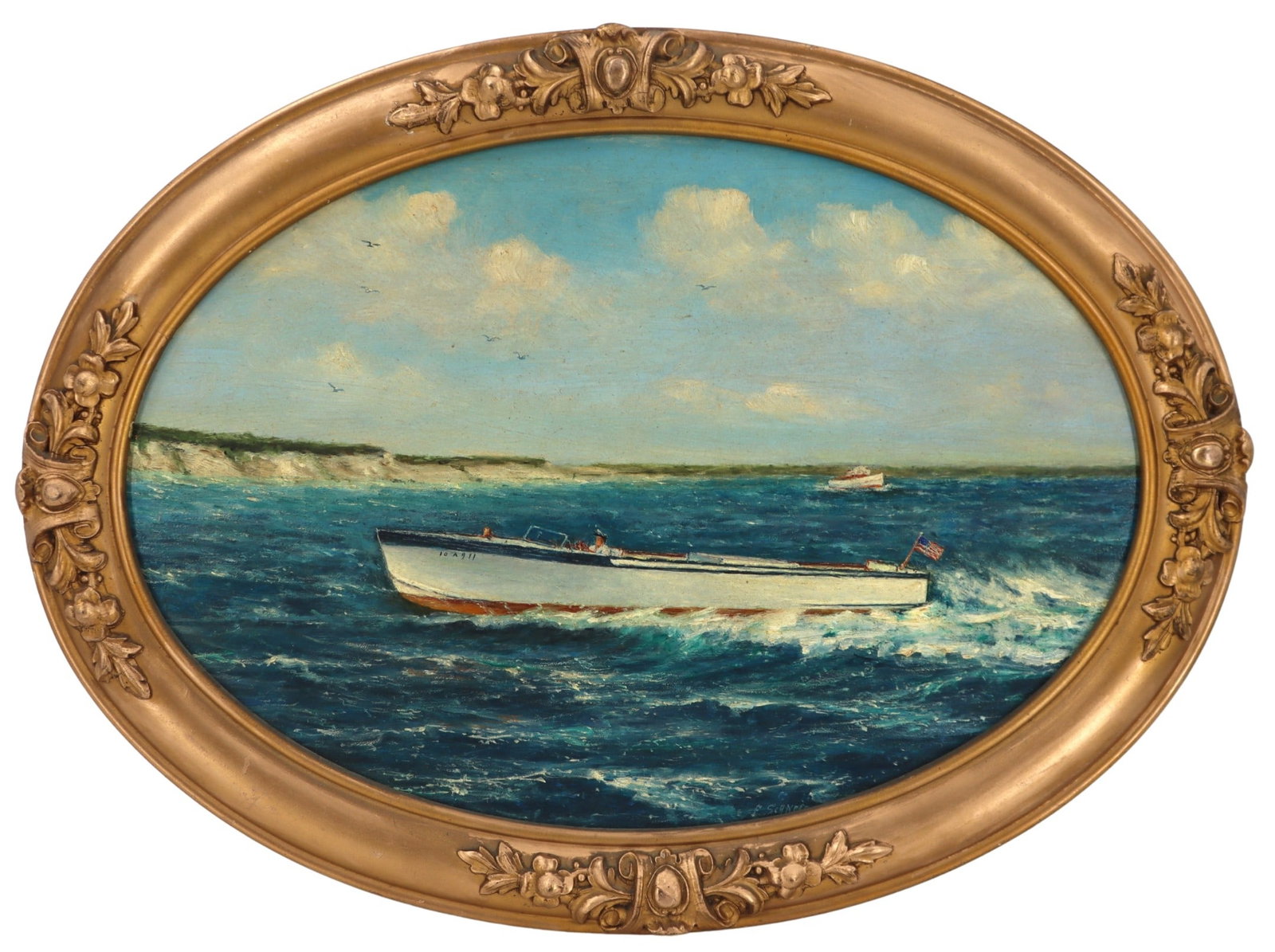 Frank Schneider (1881-1935) American, Oil on Board Portrait of a Classic Yacht Club Launch: Frank Schneider (1881-1935) American, Oil on Board Portrait of a Classic Yacht Club Launch. Signed lower right. Overall Size: 17 x 23 in. Sight Size: 13 x 18 1/2 in. 