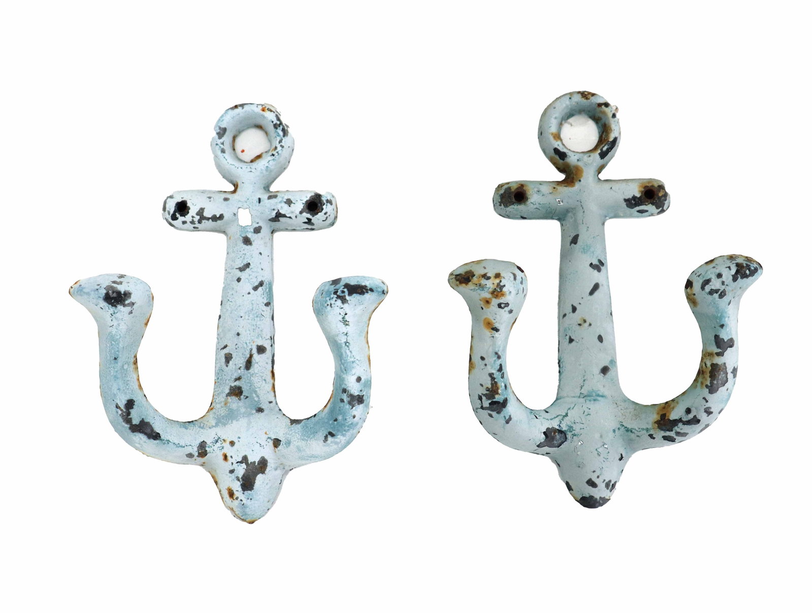 (2) Nautical Decorative Cast Iron Wall Hanging Anchors: (2) Nautical Decorative Cast Iron Wall Hanging Anchors. The pair are matching, distressed with a rustic appearance, large enough to hang items of clothing on. Size: 5 1/2 x 8 x 3 1/4