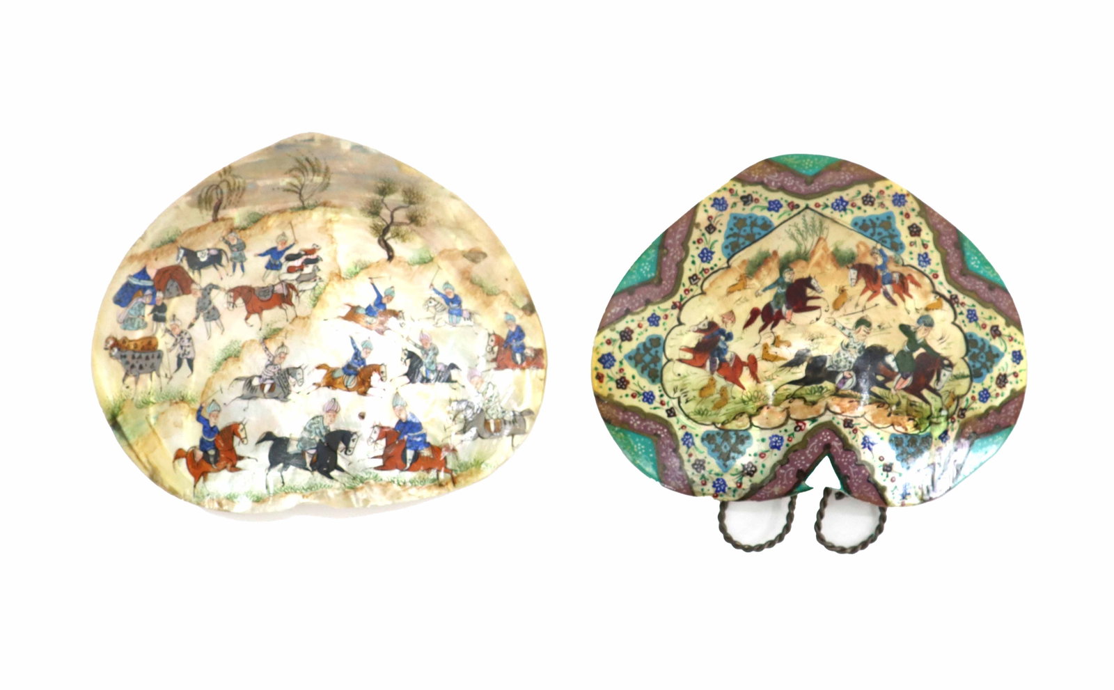 (2) Persian Miniature Paintings on Mother-of-Pearl Abalone Shells: (2) Persian Miniatire Paintings on Mother-of-Pearl Abalone Shells. Pair of Persian mother-of-pearl shells, each hand-painted with intricate miniature scenes of equestrian figures engaged