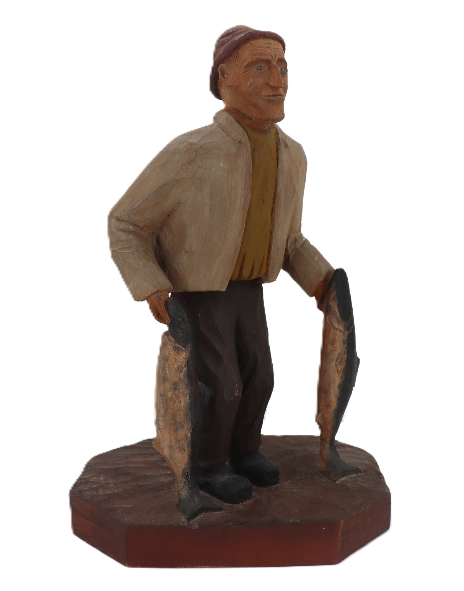 Hand Carved Wood Folk Art Sculpture of a Fisherman Holding a Fish in Each Hand: Hand Carved Wood Folk Art Sculpture of a Fisherman Holding a Fish in Each Hand. Signed J.H. Brown. Size: 6 3/4 x 9 1/2 x 15 in.