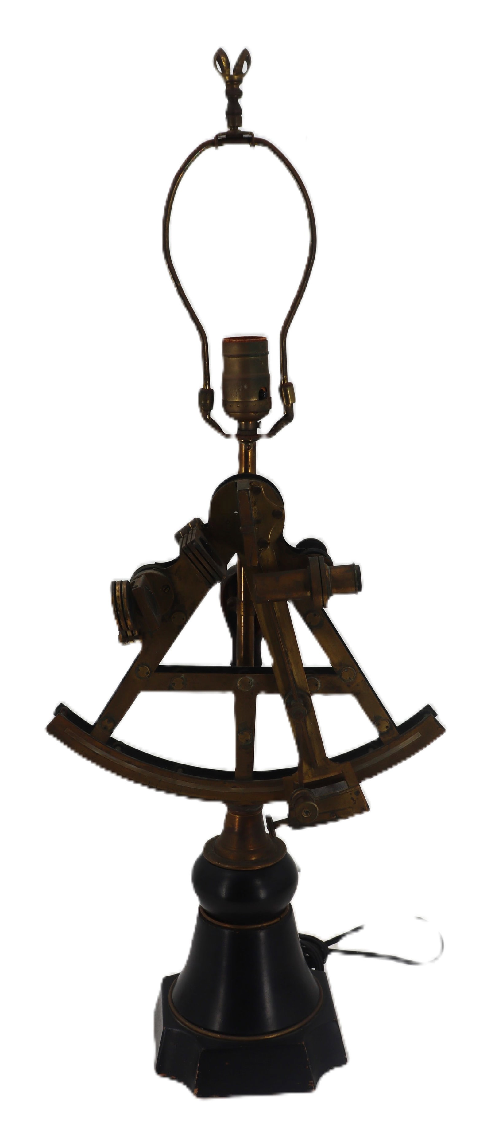 19th Century Rare Double Frame Brass Sextant Mounted as a Lamp: 19th Century Rare Double Frame Brass Sextant Mounted as a Lamp. Signed. Size: 5 1/2 x 11 x 28 1/2 in.