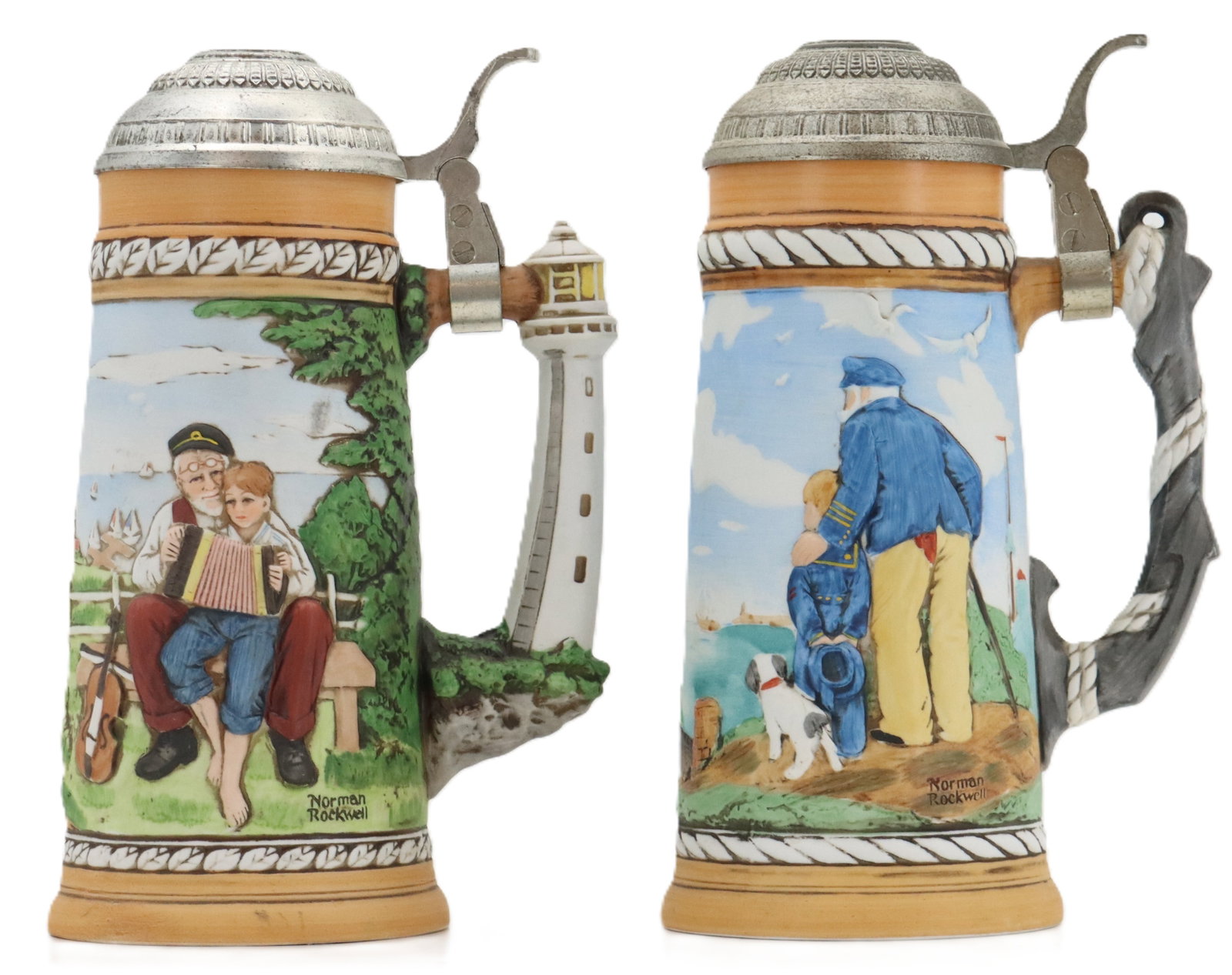 (2) Normal Rockwell Museum Commemorative Ceramic Beer Steins: (2) Normal Rockwell Museum Commemorative Ceramic Beer Steins. Two collectible ceramic steins featuring high-relief depictions of classic Norman Rockwell illustrations, each adorned with a metallic