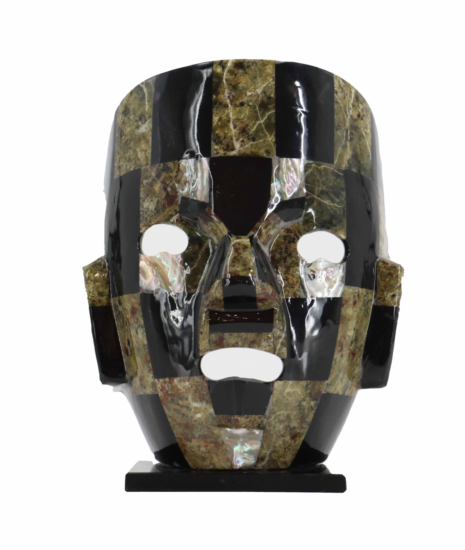 Modern Sculptural Mayan Death Mask Made of Tessellated Stone Panels: Modern Sculptural Mayan Death Mask Made of Tessellated Stone Panels. Done in the style of the masks that ancient kings would be buried in, the shape uses a mixture of dark, colorful, and mother of