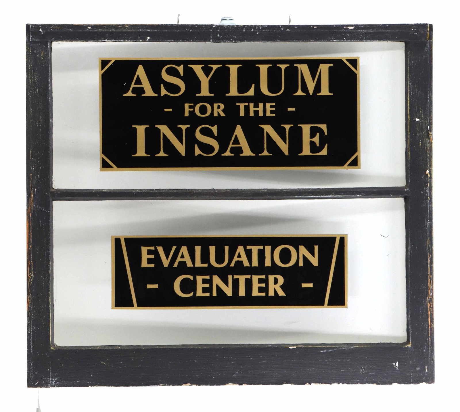 Vintage Framed Novelty Decorative Signs: Vintage Framed Novelty Decorative Signs. Set in a bifurcated floating frame made out of an old windowpane, the top sign reads "Asylum for the Insane" and the bottom sign reads