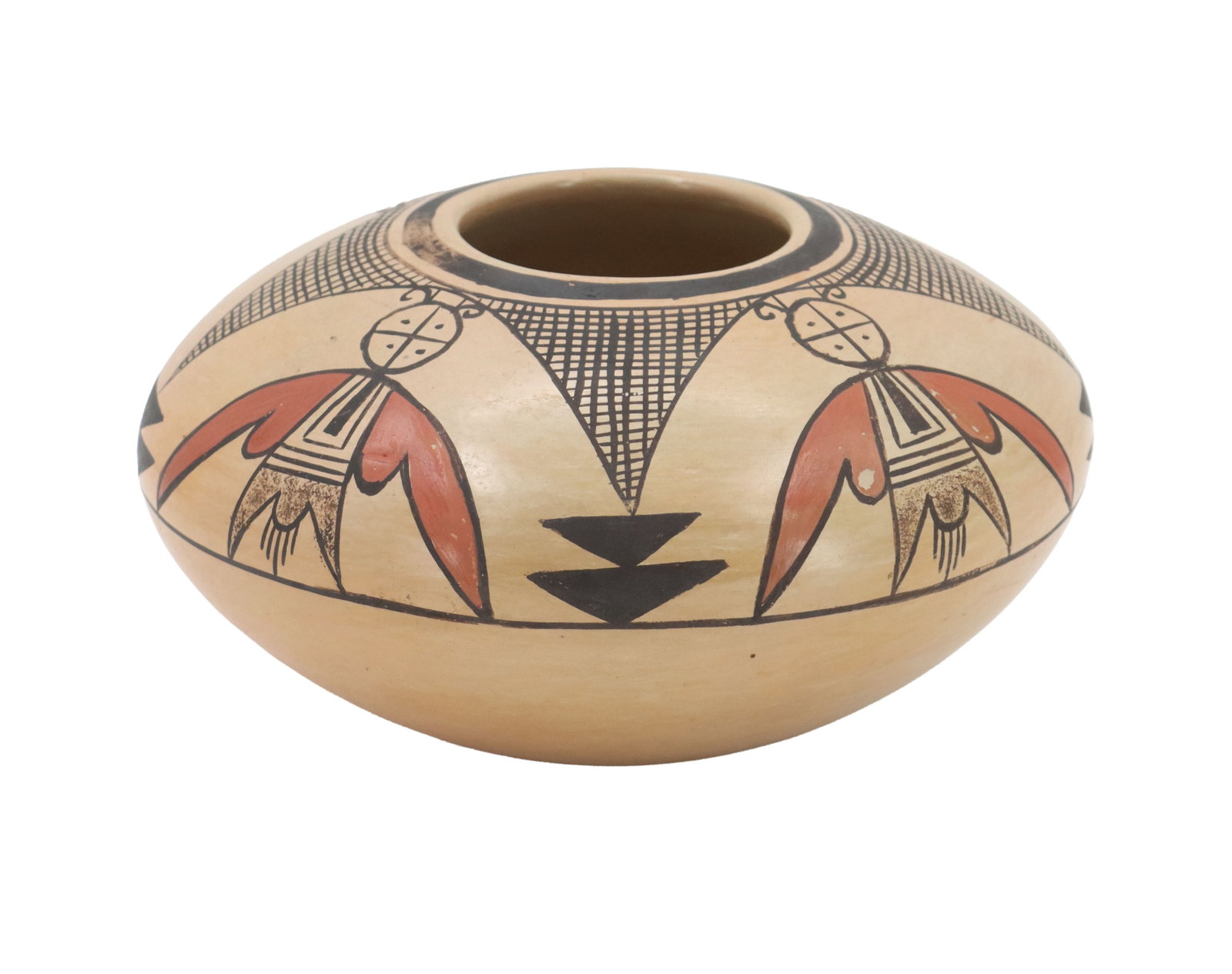 Signed Hopi-Tewa Polychrome Seed Pot: Signed Hopi-Tewa Polychrome Seed Pot. Hand-painted insenct and geometric designs on the upper half of the squat rounded piece. Signed indistinctly on the underside. Size: 8 x 8 x 4 in. The