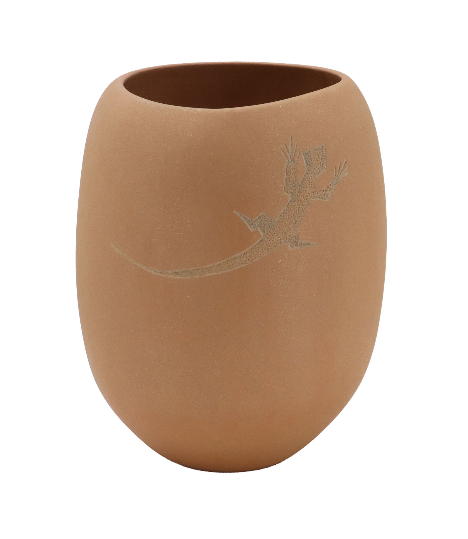 Bernice Suazo Naranjo (Born 1943) Pueblo, Santa Clara Etched Pottery Vase: Bernice Suazo Naranjo (Born 1943) Pueblo, Santa Clara Etched Pottery Vase. The smooth matte surface is etched with the image of a lizard, just below the broad irregular mouth. Signed on underside alon