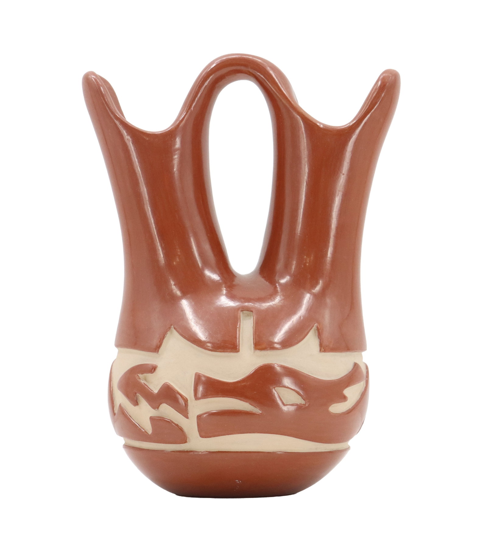 Mary Cain (1916-2010) Pueblo, Santa Clara Redware Wedding Jar: Mary Cain (1916-2010) Pueblo, Santa Clara Redware Wedding Jar. This beautiful form is unique double mouthed with a top handle, designed for the bride and groom to both drink from their own sides on