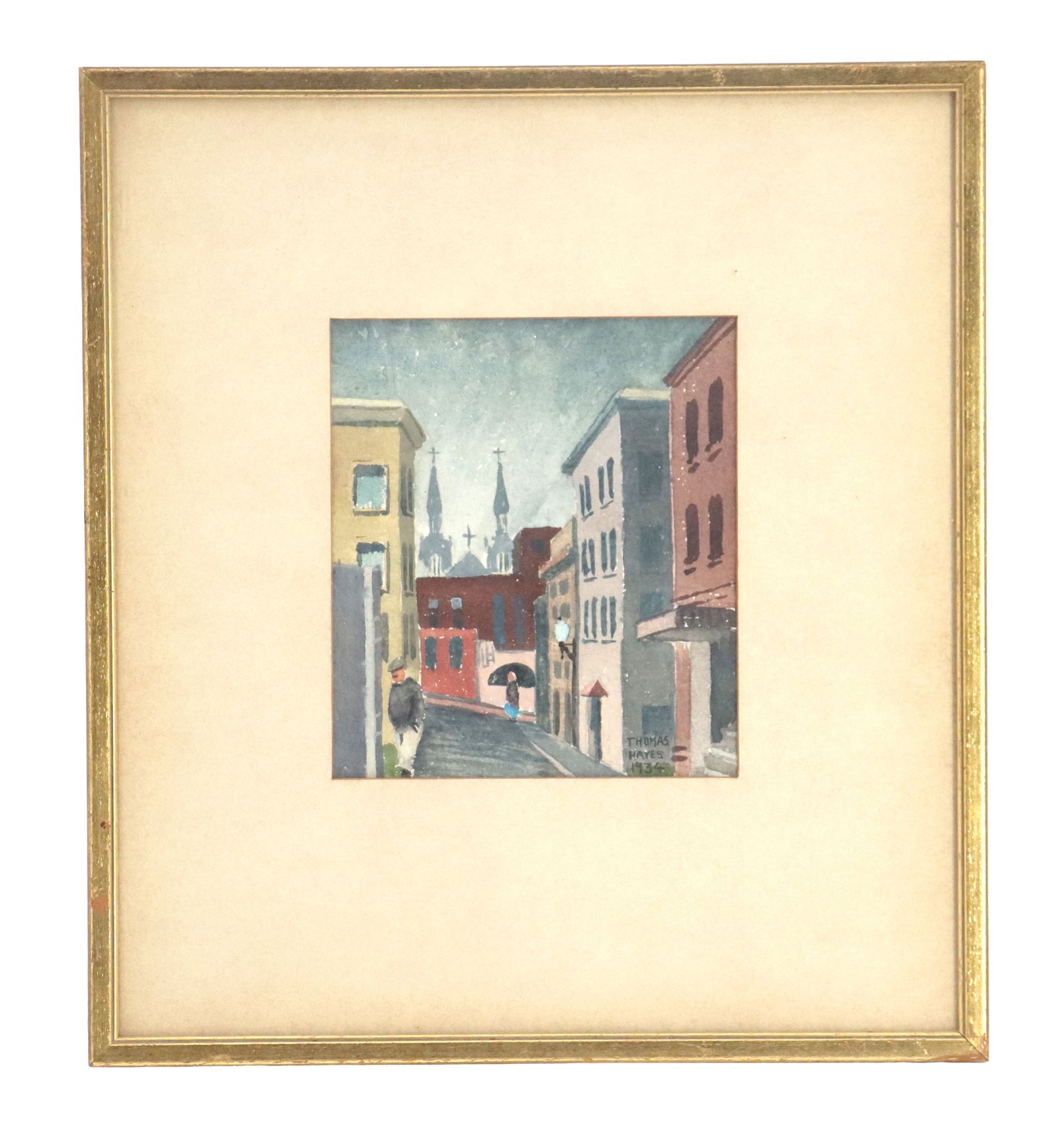 Thomas Hayes (1910-1958) American, Watercolor Street Scene: Thomas Hayes (1910-1958) American, Watercolor Street Scene. Signed lower right. Born in Houston, TX on May 8, 1910. Hayes studied at the Pratt Institute in Brooklyn. By the 1930s he had settled in San