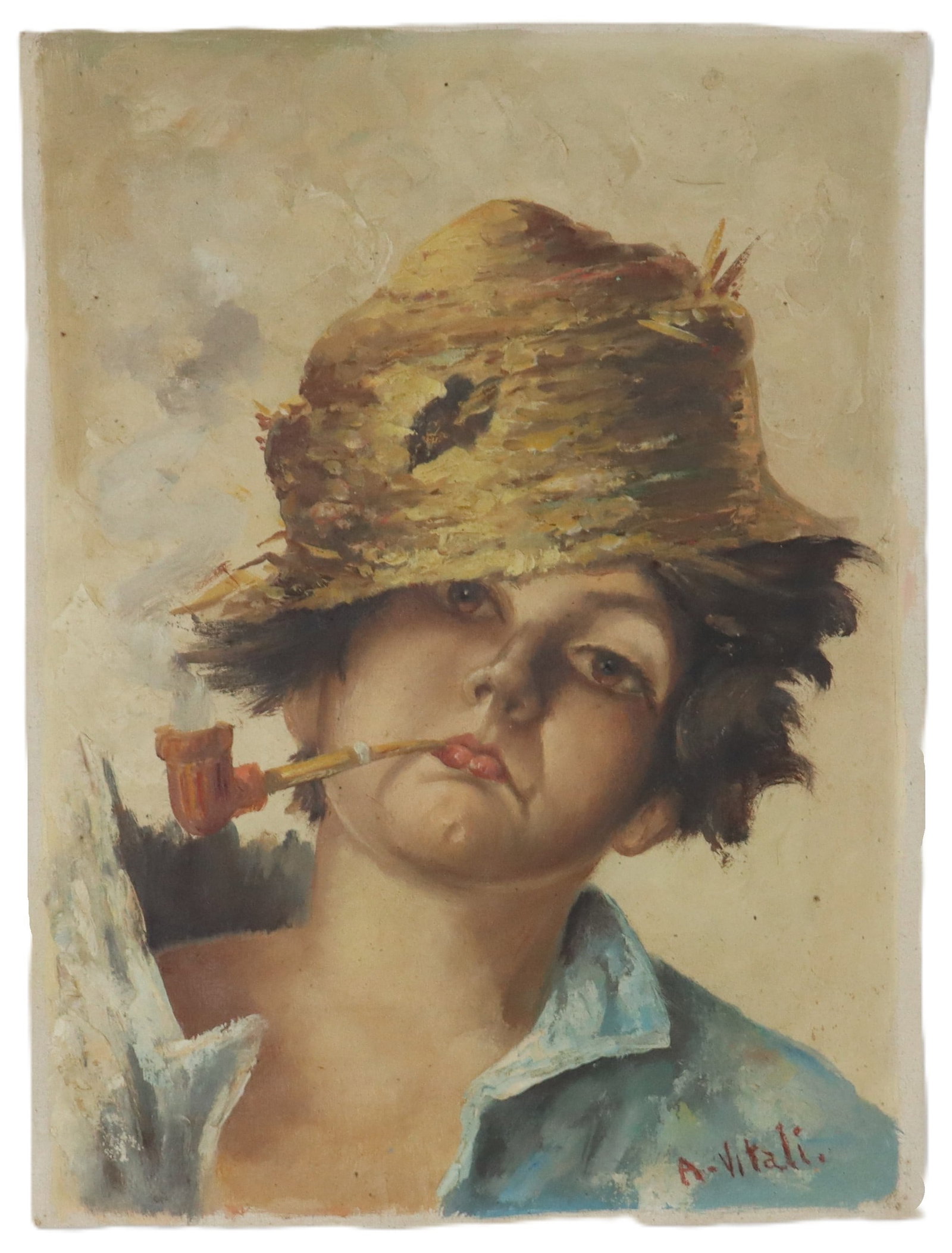 Alberto Vitali (1898-1974) Italian, Watercolor of a Young Boy with Straw Hat and a Pipe (1 of 9)
