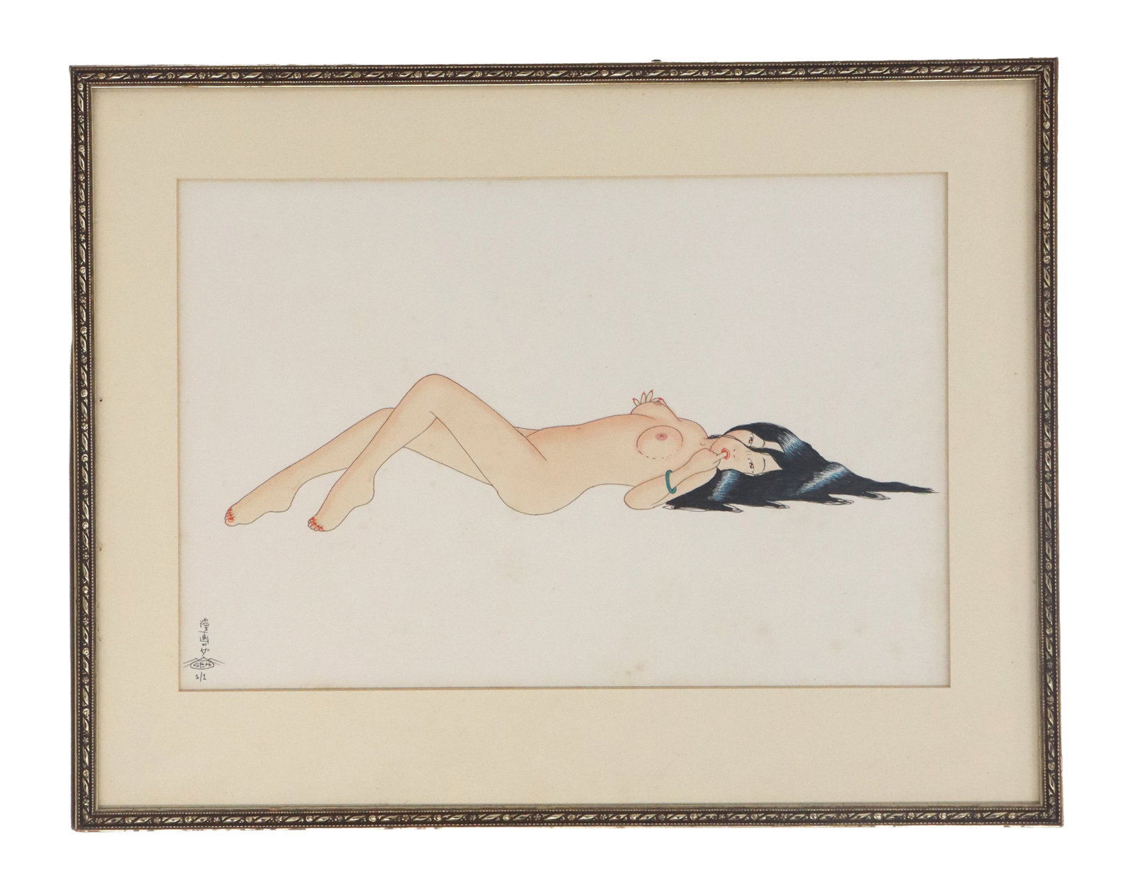 Japanese Nude Watercolor on Paper Attributed to the Studio of Goseki Kojima: Japanese Nude Watercolor on Paper Attributed to the Studio of Goseki Kojima. Overall Size: 15 1/2 x 20 1/4 in. Sight Size: 10 1/4 x 15 1/2 in.