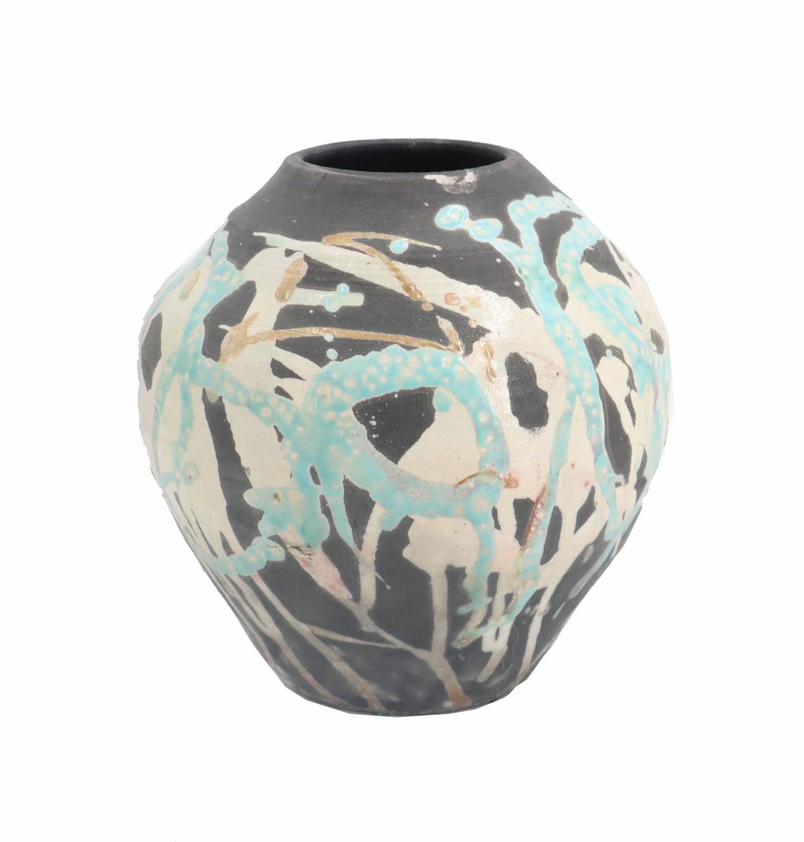 Abstract Hand-Painted Studio Pottery Vase: Abstract Hand-Painted Studio Pottery Vase. Globular ceramic vase featuring an expressive, abstract design of teal and cream-colored glazes applied over a matte dark charcoal or black surface. Incise m
