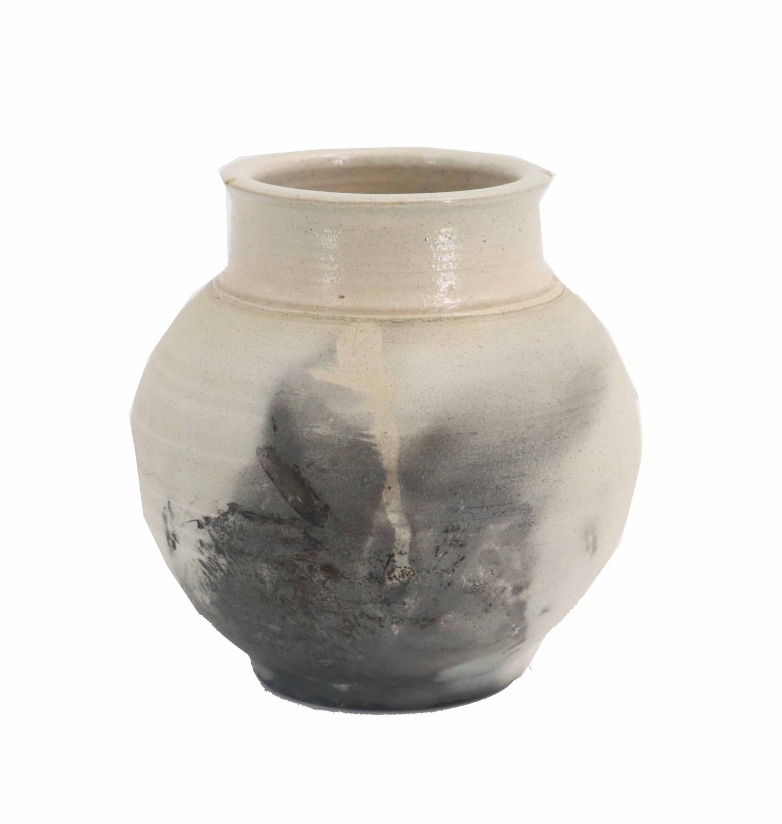 Signed Hand Thrown Off White Ceramic Vase with Smokey Accents: Signed Hand Thrown Off White Ceramic Vase with Smokey Accents. Wheel-thrown ceramic vase features a wide, flared rim and a cream-colored glaze accented by a smoky, dark grey atmospheric effect concent