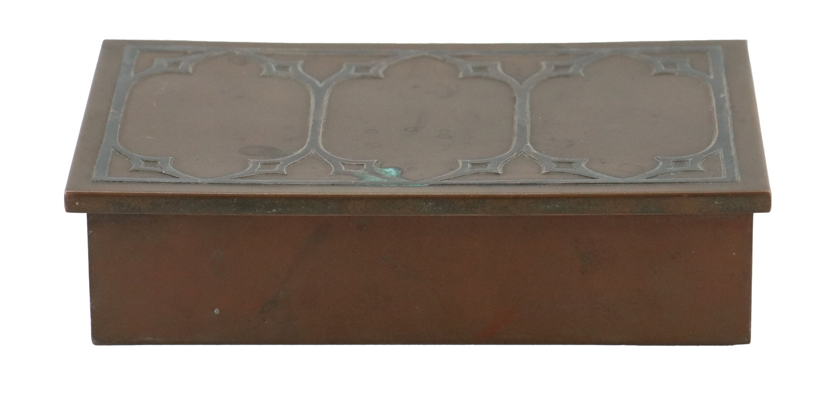 Antique Smith Metal Arts "Silver Crest" Sterling Over Bronze and Wood Humidor: Antique Smith Metal Arts "Silver Crest" Sterling Over Bronze and Wood Humidor. With a simple but elegant Arts & Crafts decoration on the hinged lid. Marked on the underside. 
