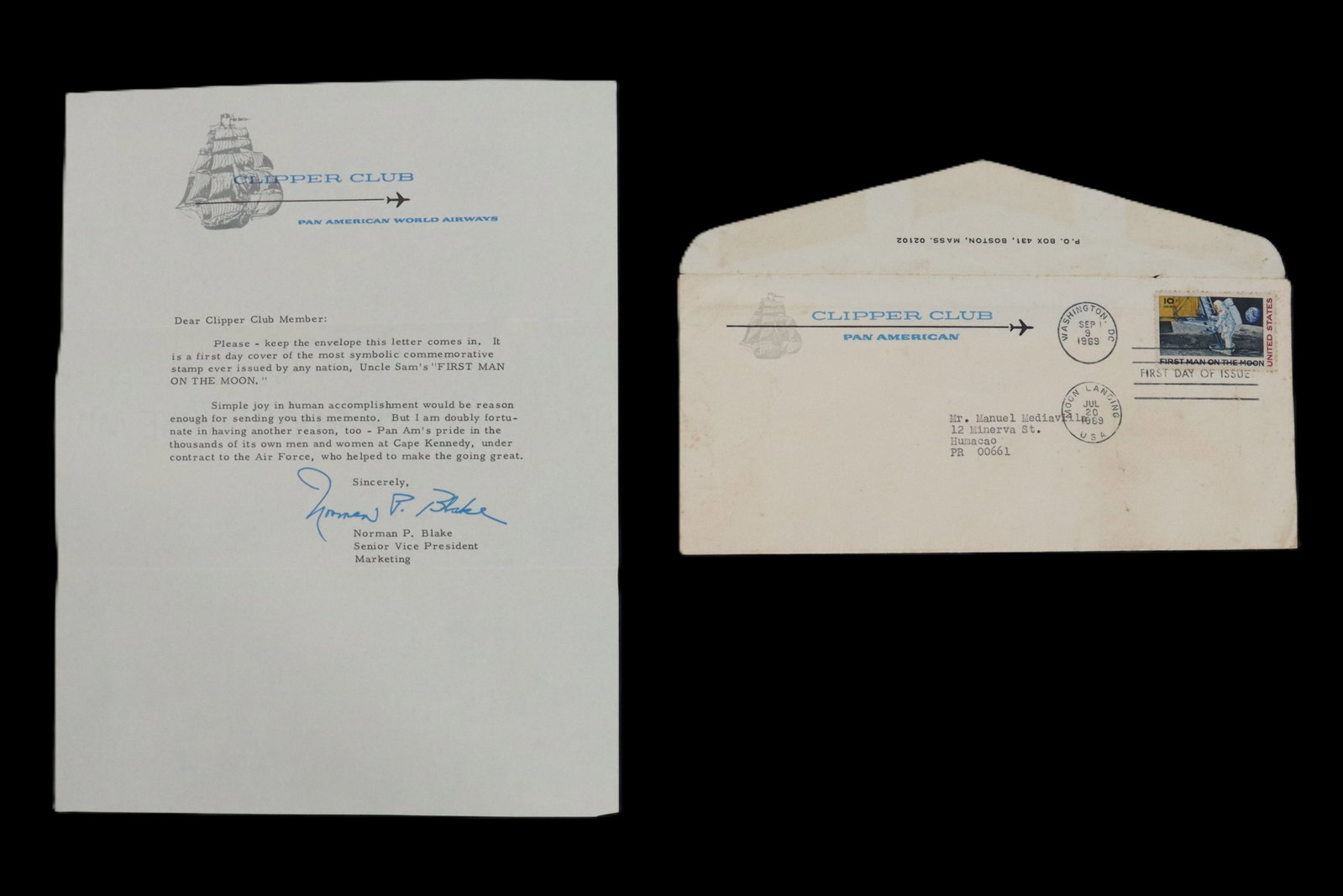 1969 Pan American World Airways Clipper Club Commemorative Letter: This item is a 1969 Pan American World Airways "Clipper Club" commemorative set, featuring a letter signed by Senior Vice President Norman P. Blake and a corresponding first day cover