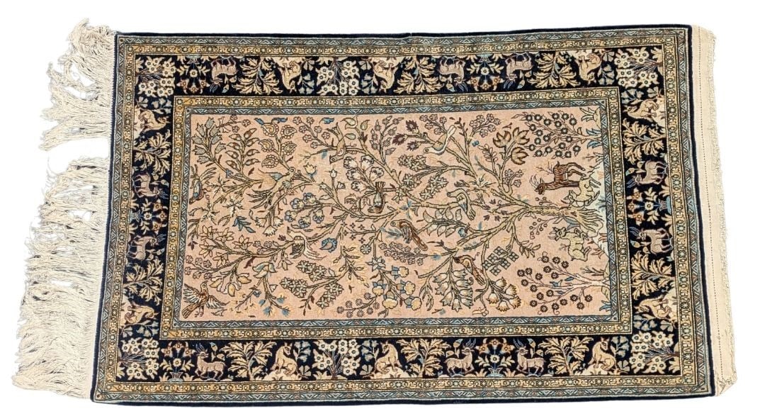 Persian Wool Isfahan Tree of Life Figural Rug: Size: 41 x 65 InchesThis is a highly refined wool Persian pictorial city rug—likely from the world-renowned workshops of Isfahan—featuring an intricate, curvilinear Tree of Life design filled with