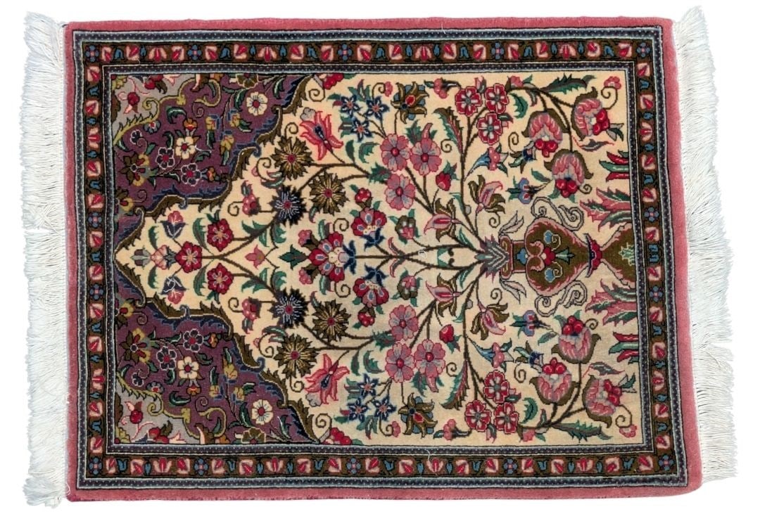 20th-Century Persian Wool Qom Rug: Size: 30 1/2 x 23 1/2 InchesWoven in the holy city of Qom (Qum) in central Iran, these rugs represent a relatively young but immensely prestigious chapter in Persian weaving history, with production b
