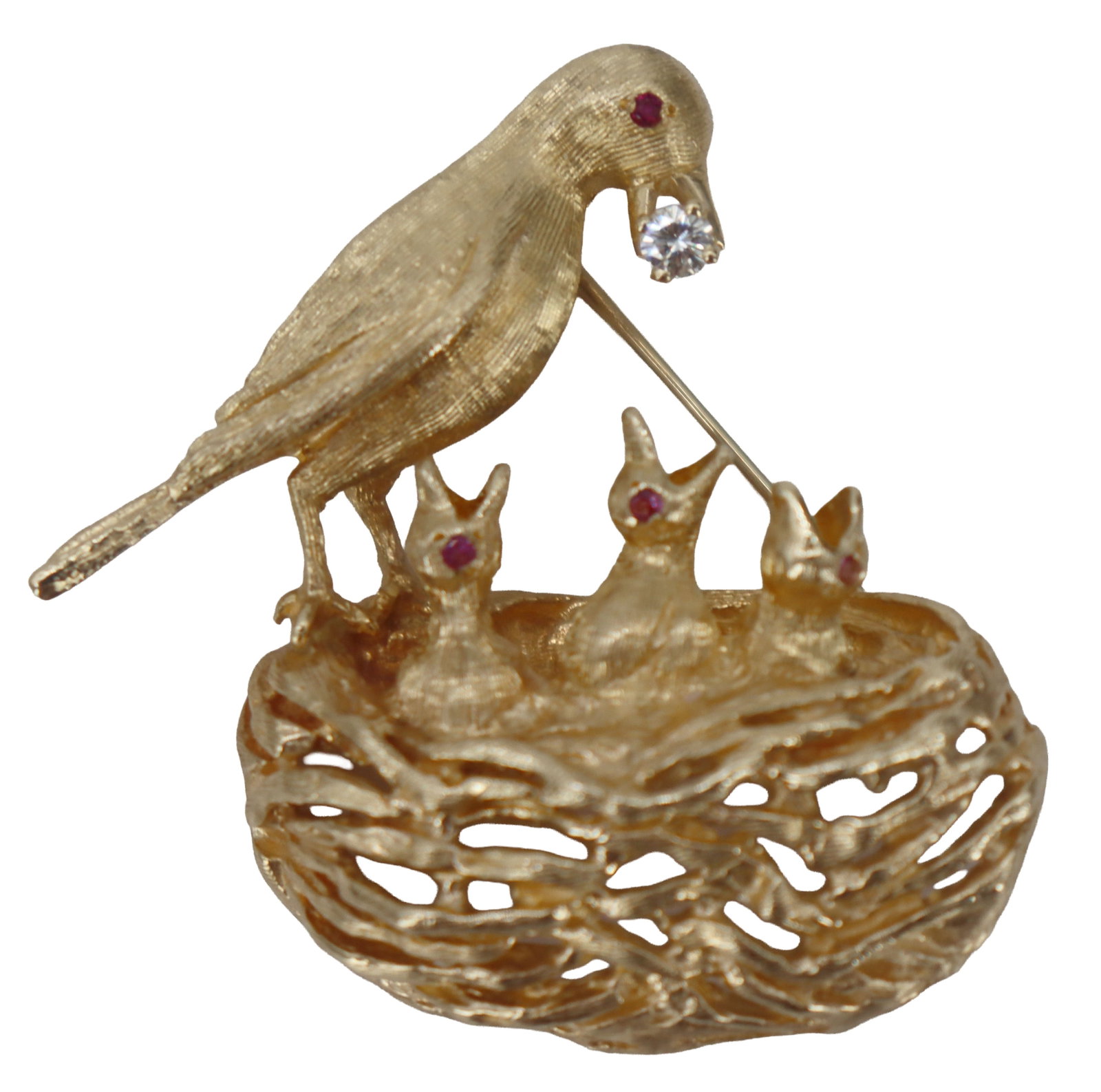 14k Gold, Diamond, and Ruby Brooch - Gross 21.6 g.: 14k Gold, Diamond, and Ruby Brooch . Yellow gold. Small round cut stones. Size: 1 3/4 x 1 3/4 x 1/2 in. Gross Weight: 13.8 dwt. 21.6 g. 