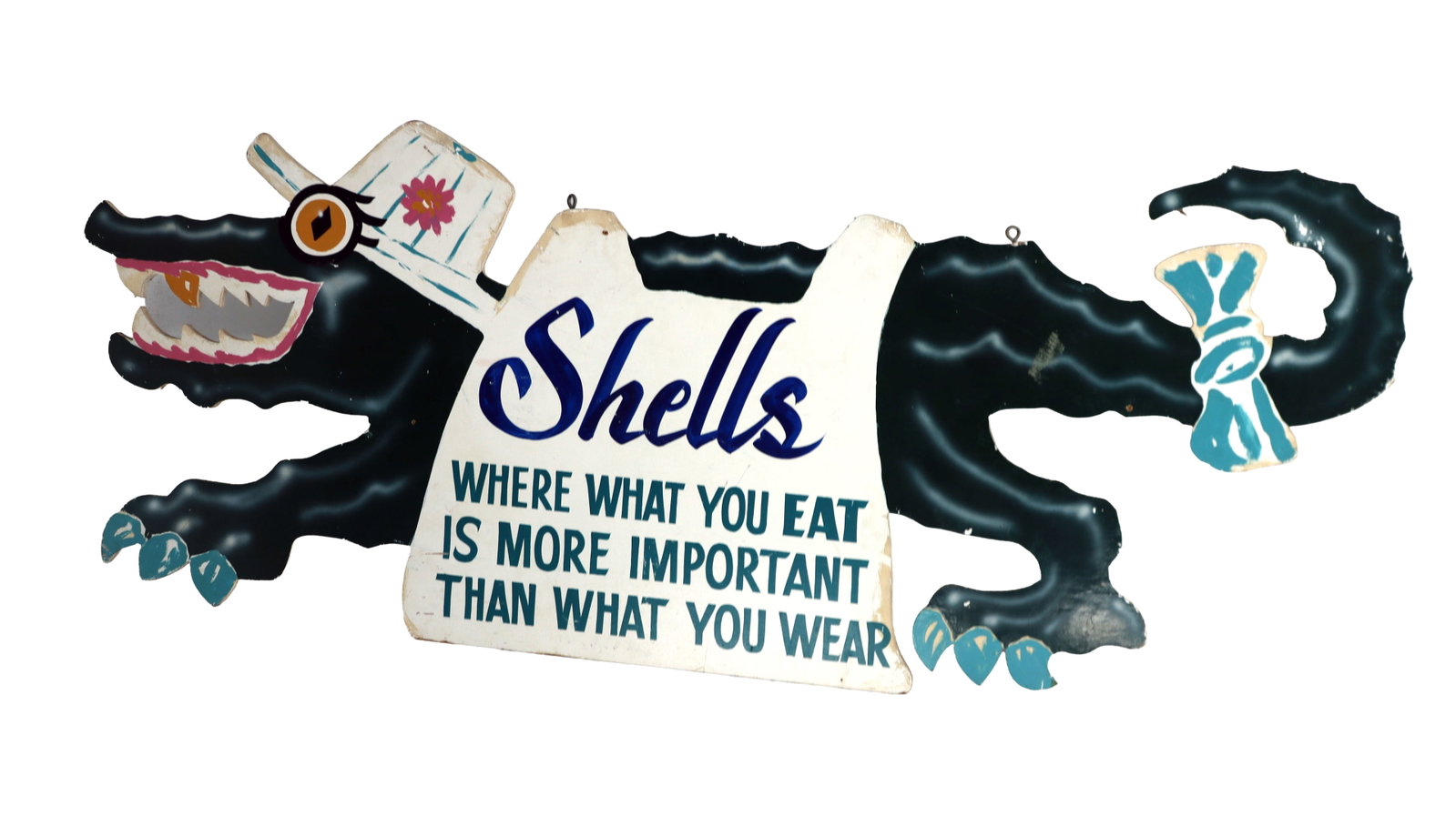 Double-Sided Painted Wooden Folk Art Restaurant Sign For Shells: Double-Sided Painted Wooden Folk Art Restaurant Sign For Shells. Late 20th century. The sign is cleverly constructed as a double sided display, featuring two distinct color palette and characters on e
