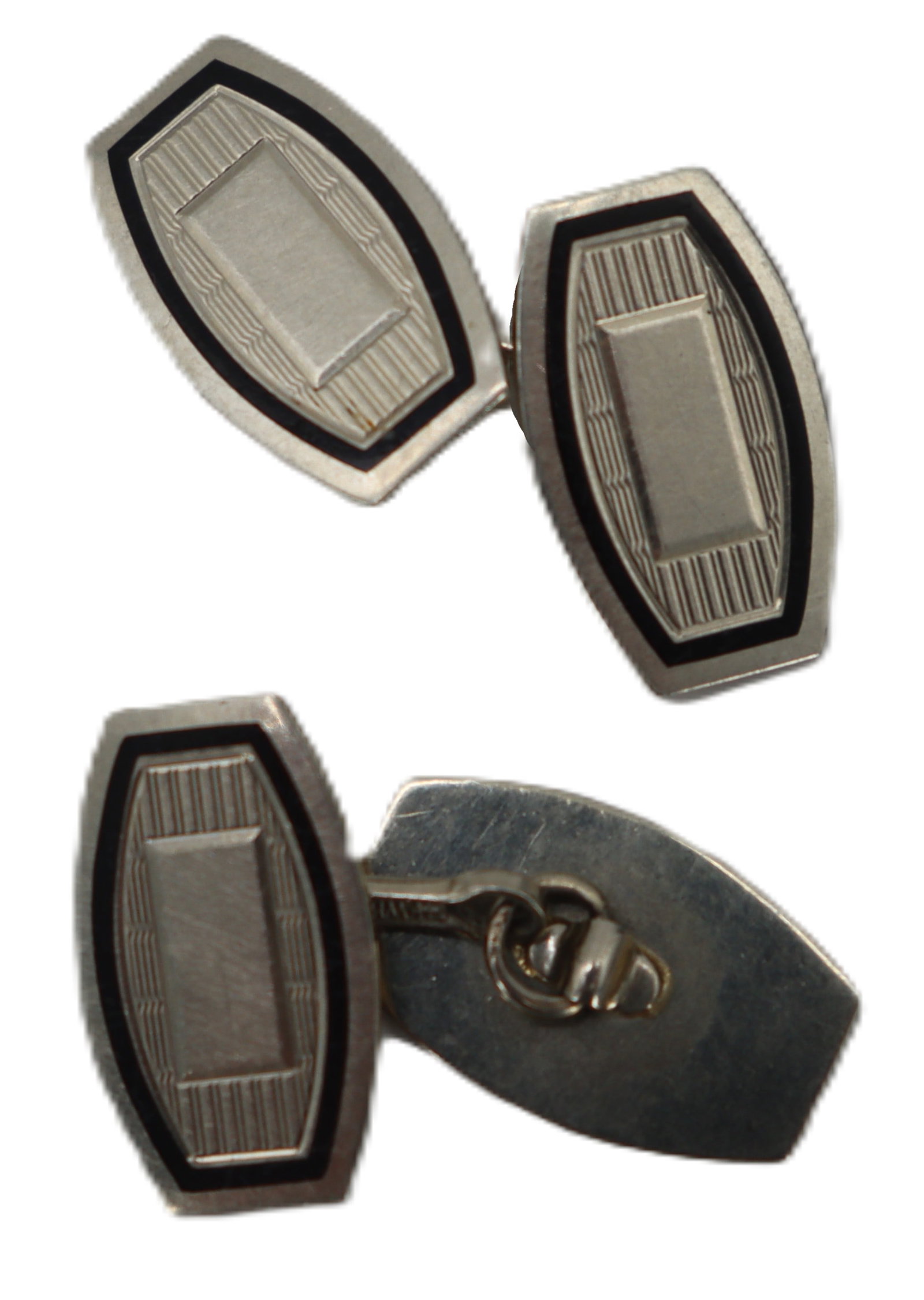 Pair of Tested 14k Gold and Enamel Cufflinks - Gross 6.4 g.: Pair of Tested 14k Gold and Enamel Cufflinks. White gold. Size: 3/4 x 1/2 x 1 in. Gross Weight: 4.1 dwt. 6.4 g. 